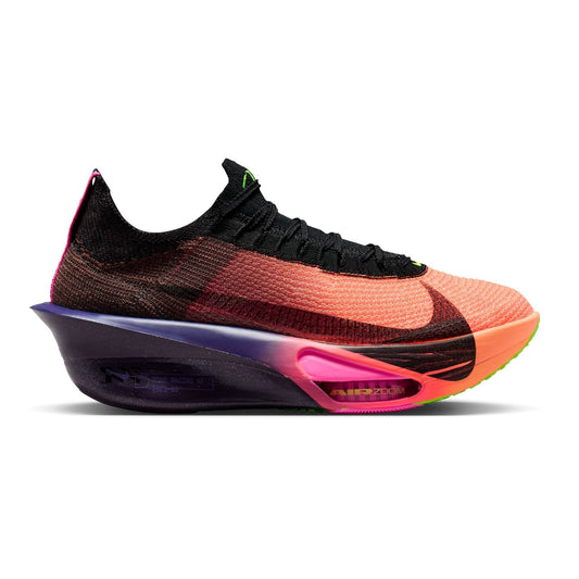 Multicolored sneaker with black swoosh logo on a white background