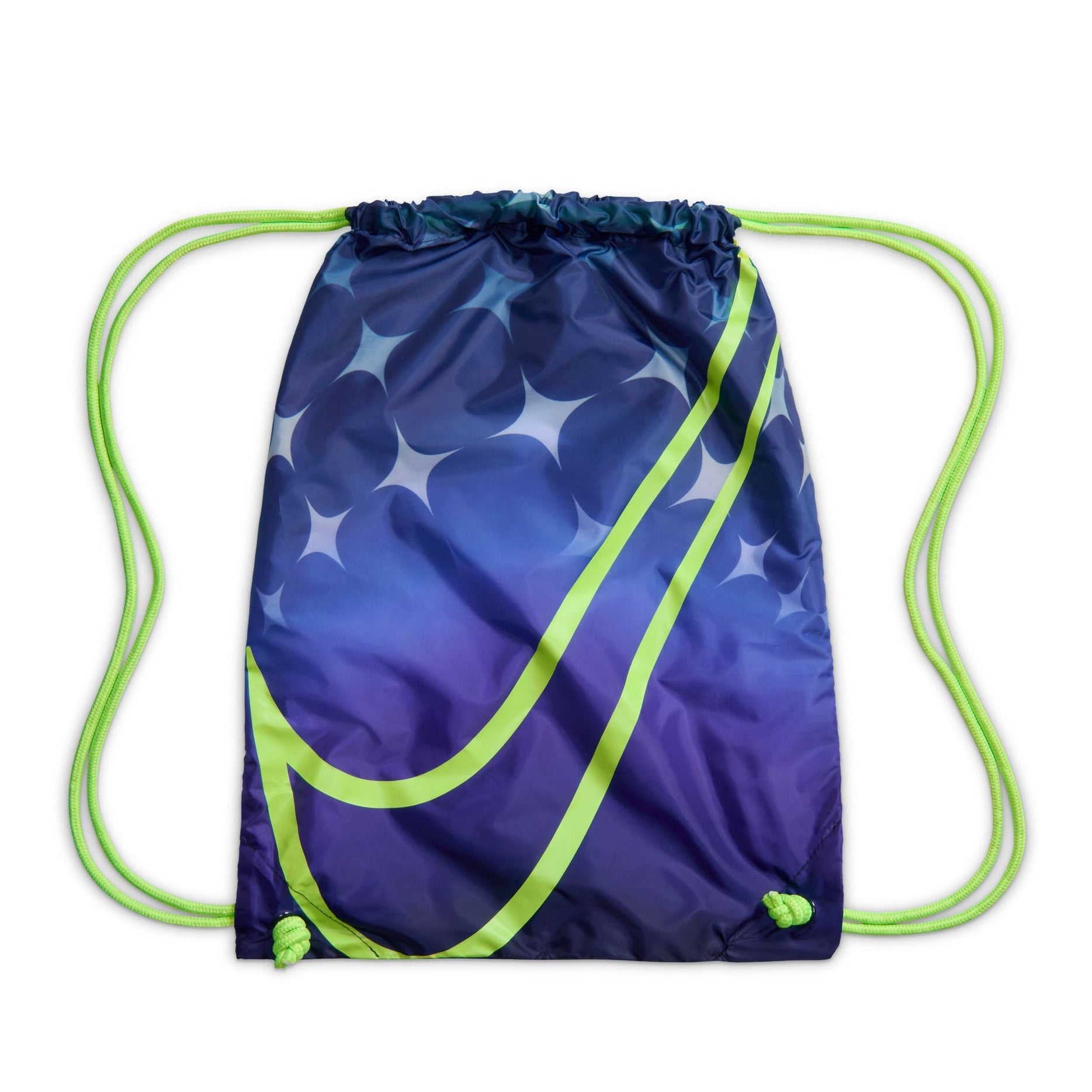 Blue drawstring bag with star pattern and green strings on a white background