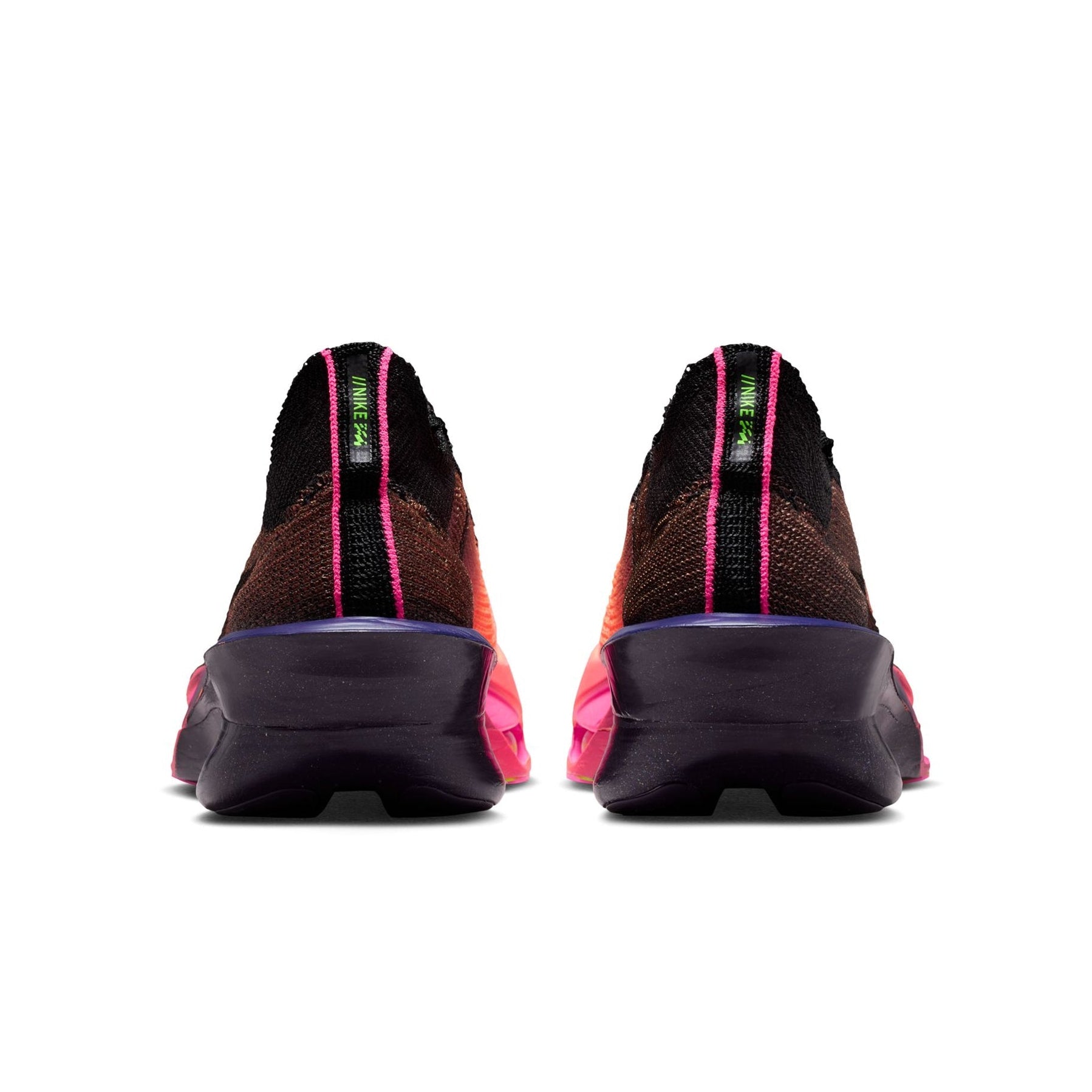 Multicolored athletic shoes shown from the back on a white background