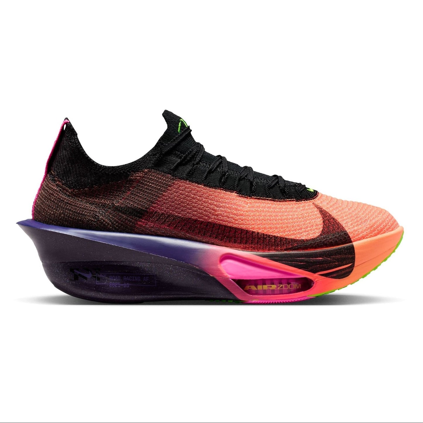 Multicolored sneaker with black swoosh logo on a white background