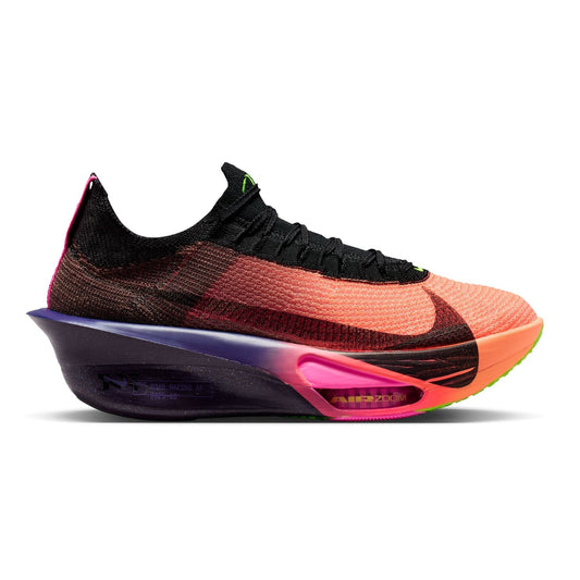 Multicolored sneaker with black swoosh logo on a white background