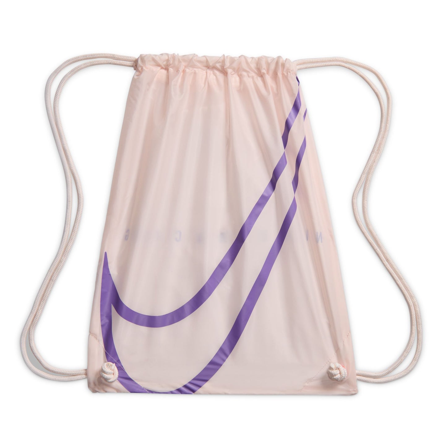 Drawstring bag with a purple logo on a white background