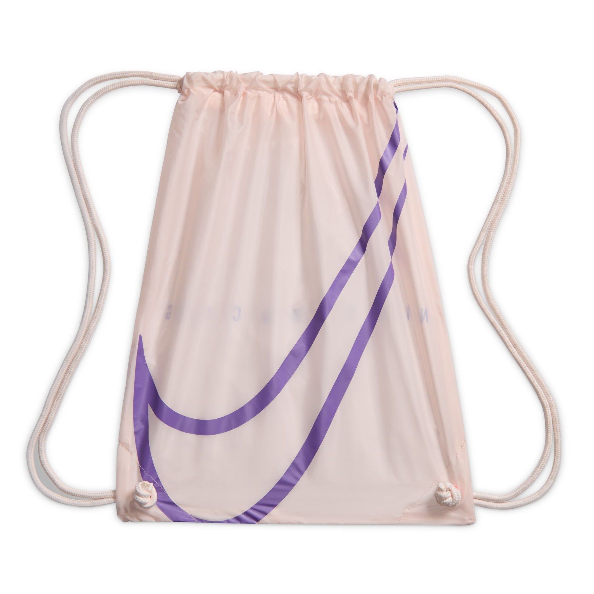 Drawstring bag with a purple logo on a white background