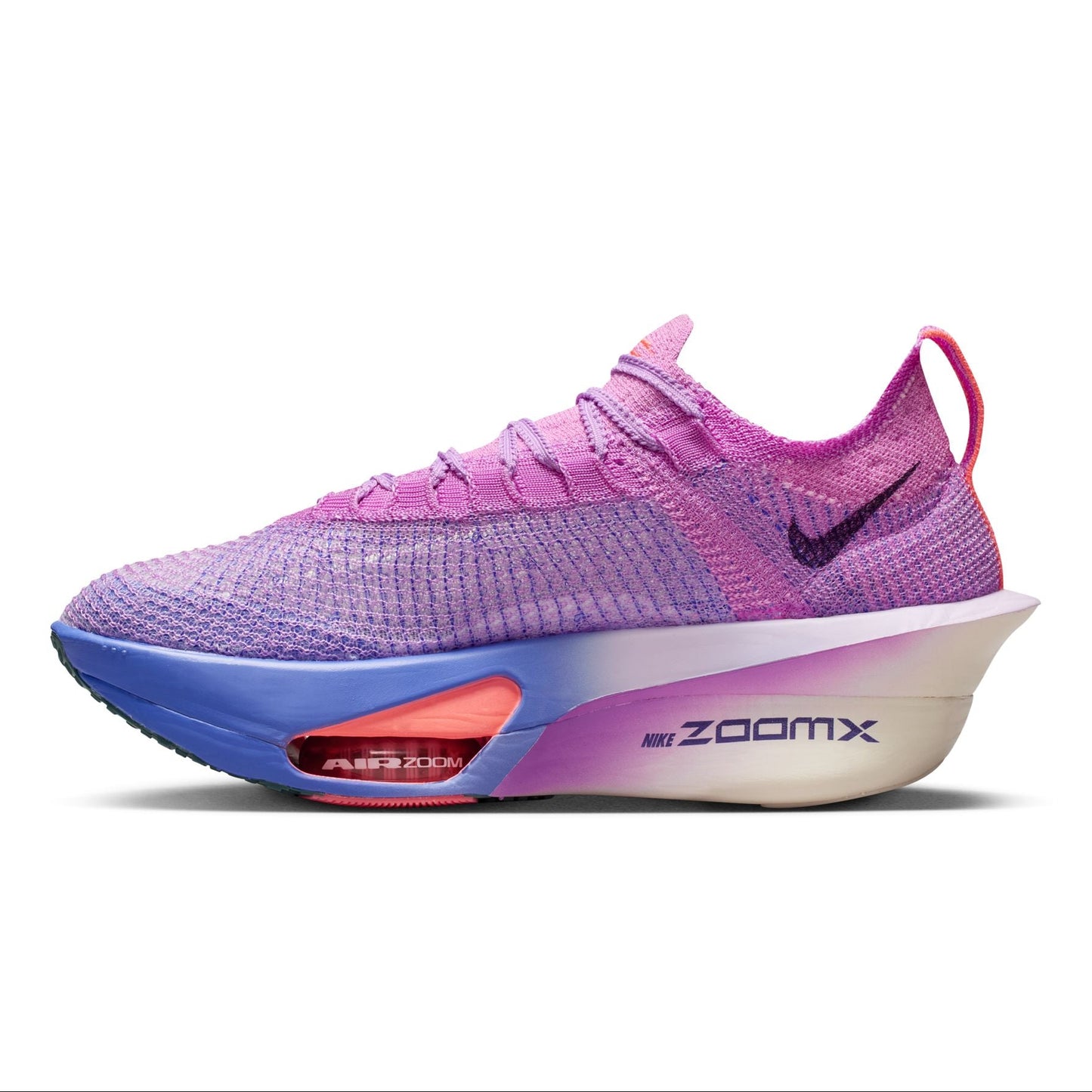 Pink and purple Nike running shoe with 'ZoomX' on a white background