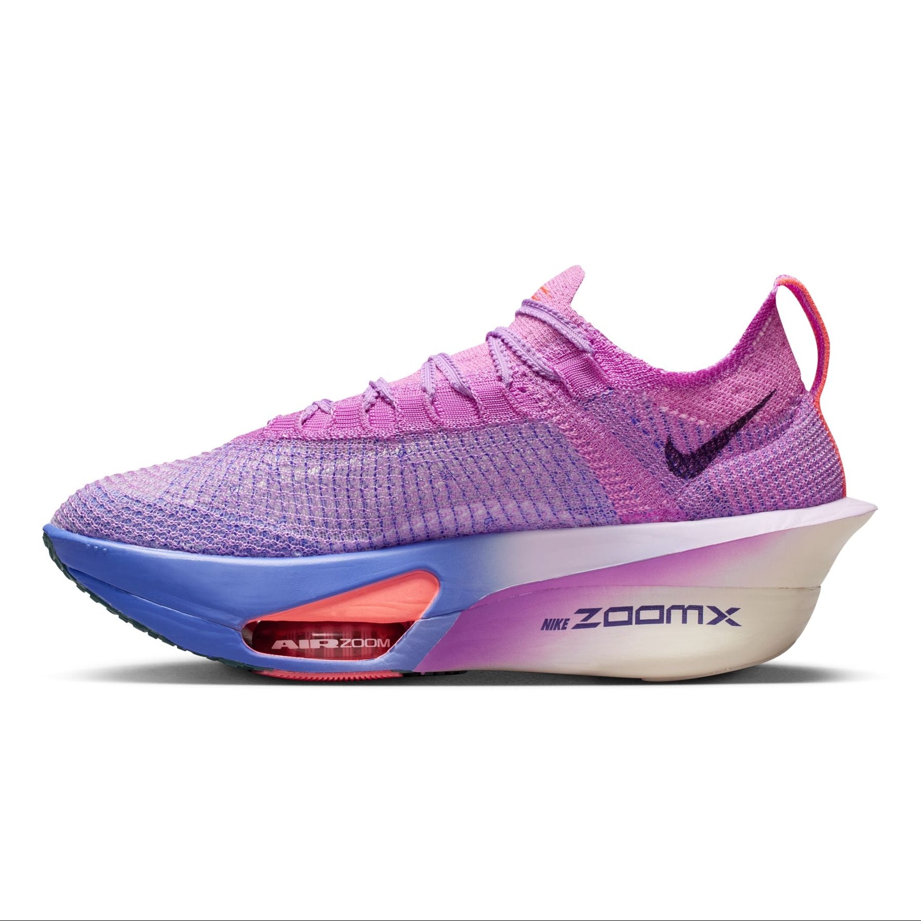 Pink and purple Nike running shoe with 'ZoomX' on a white background