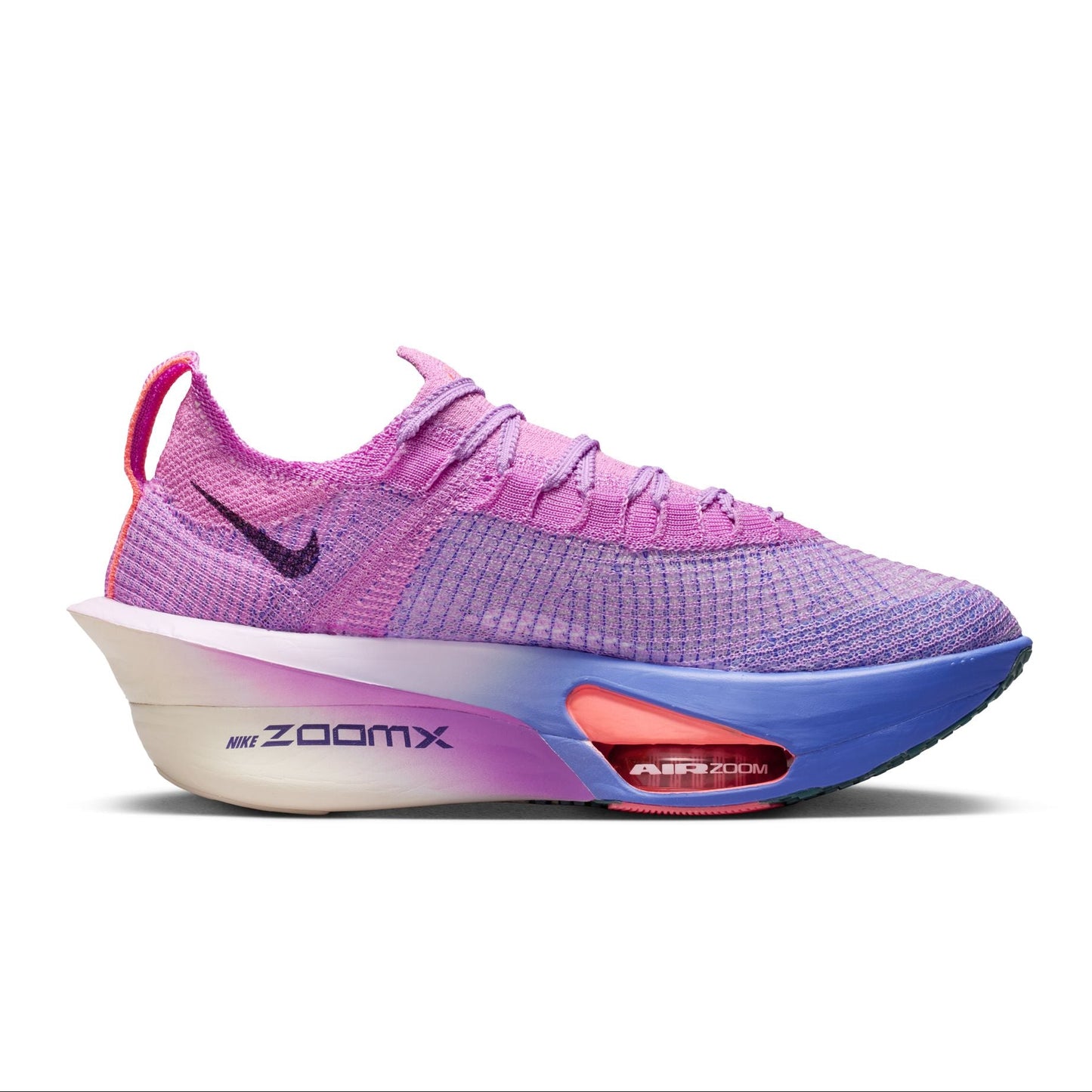 Purple and blue running shoe with 'Zoomx' and 'Air' text on a white background