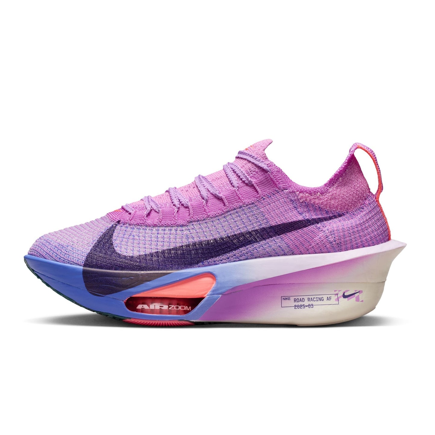 Purple and blue running shoe with Nike logo on a white background