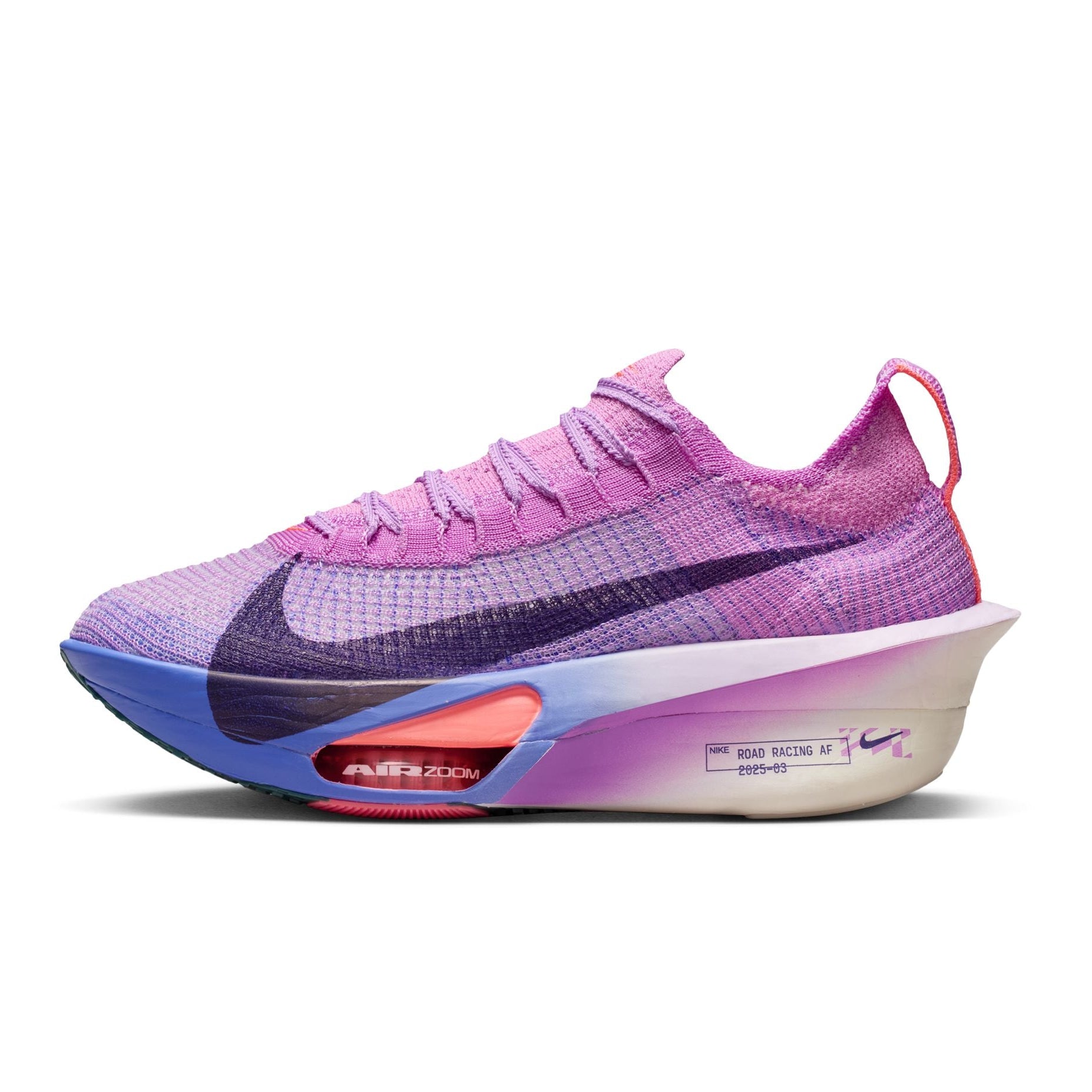 Purple and blue running shoe with Nike logo on a white background
