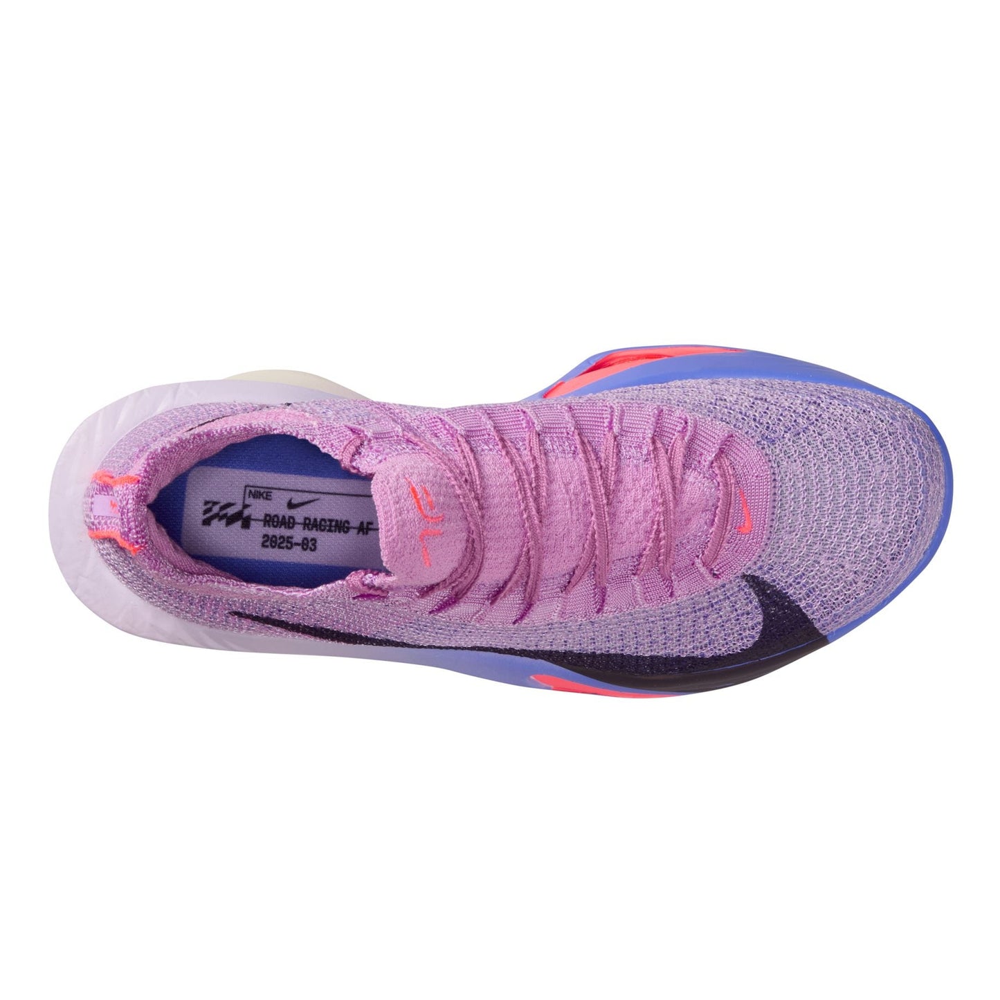 Purple running shoe with pink accents on a white background