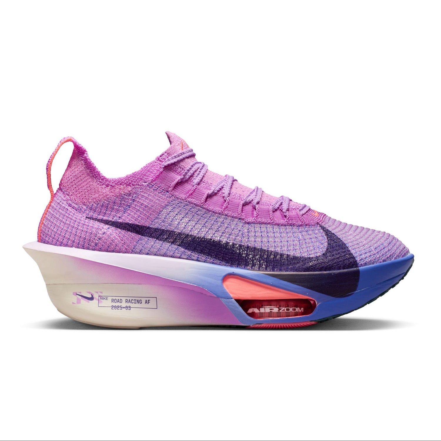 Purple and pink running shoe with a unique sole design on a white background