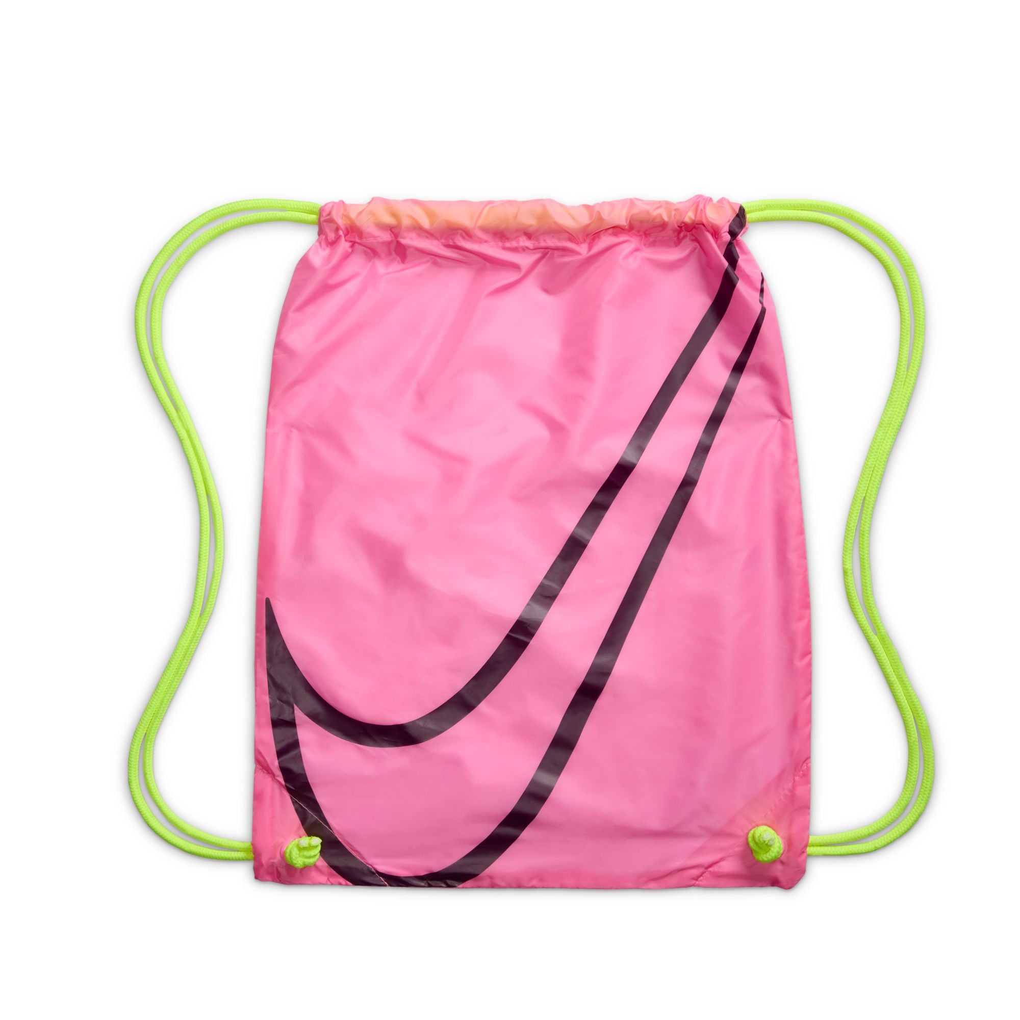 Pink drawstring bag with black swoosh logo on a white background