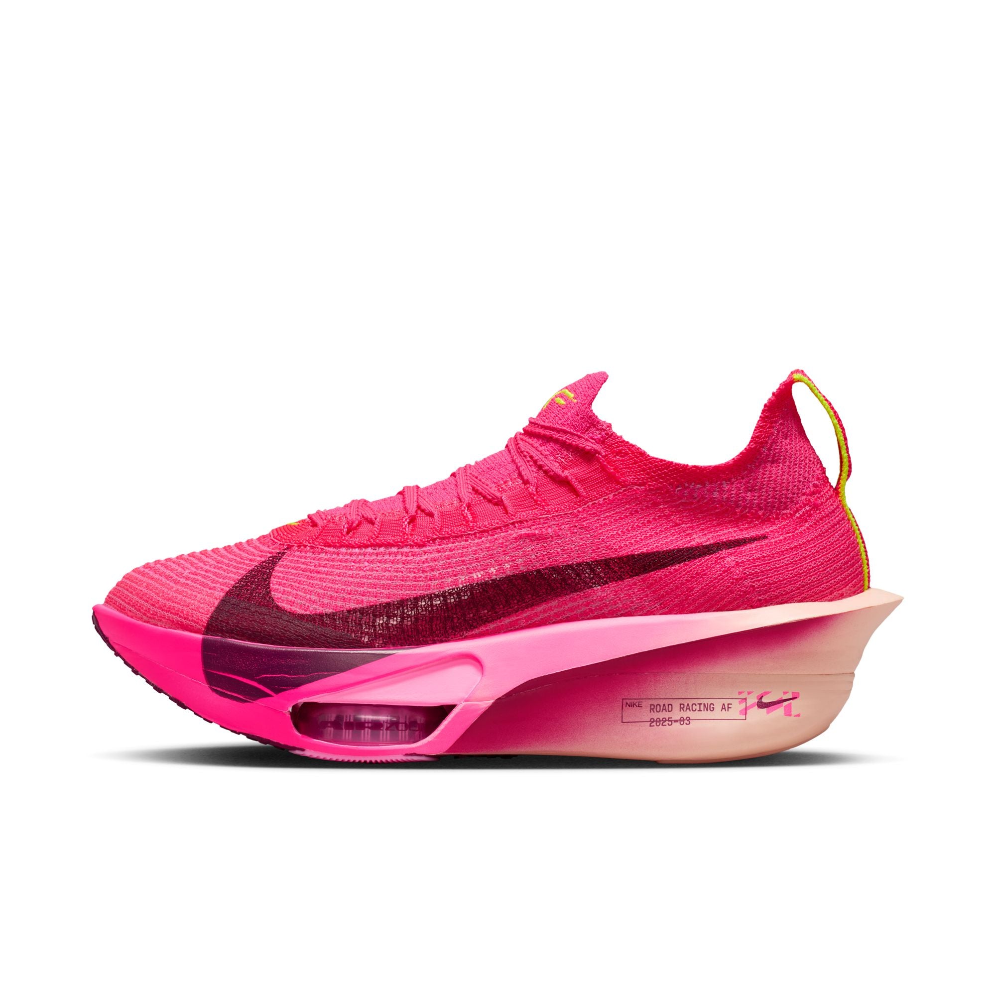 Pink running shoe with a black swoosh logo on a white background