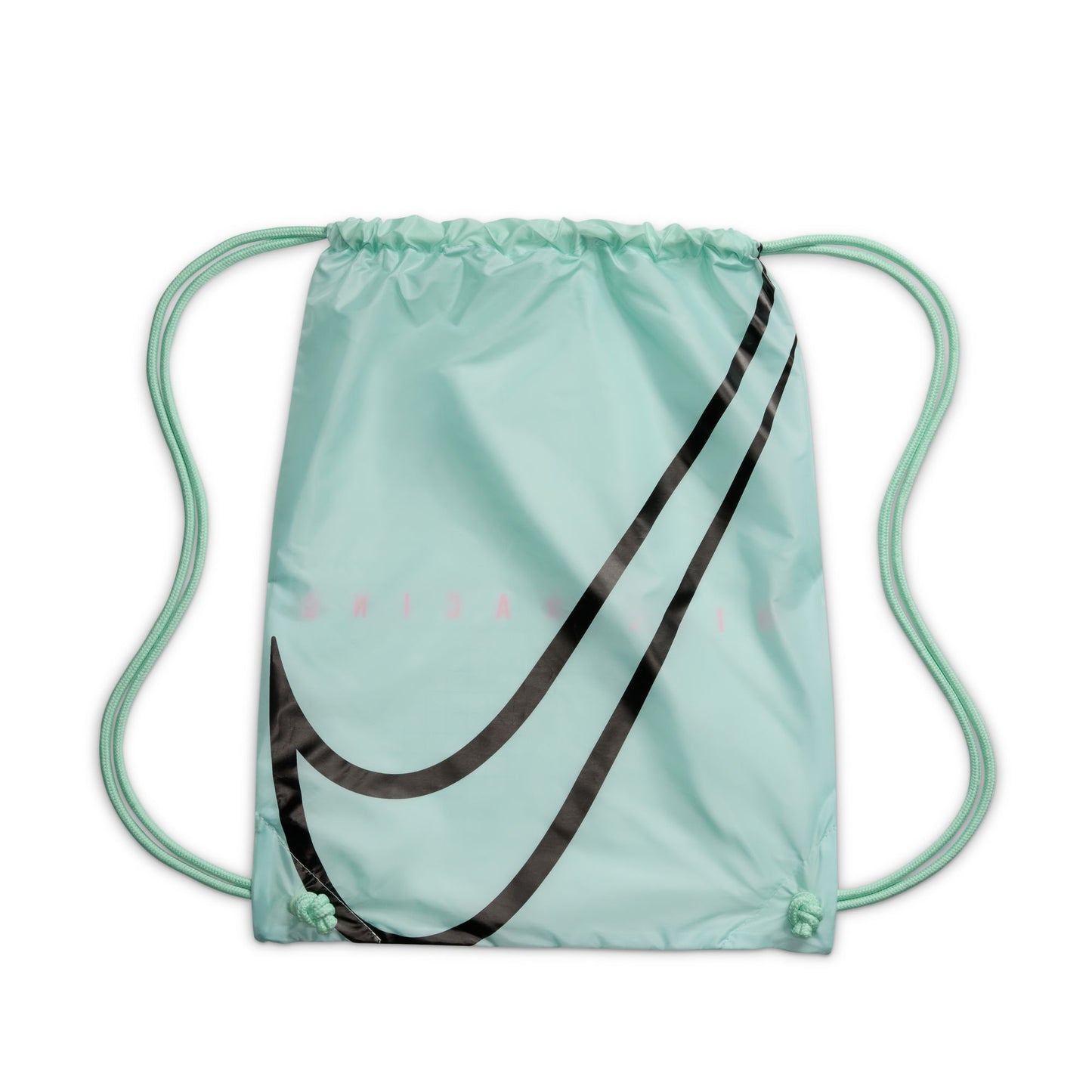 Light blue drawstring bag with black swoosh logo on a white background