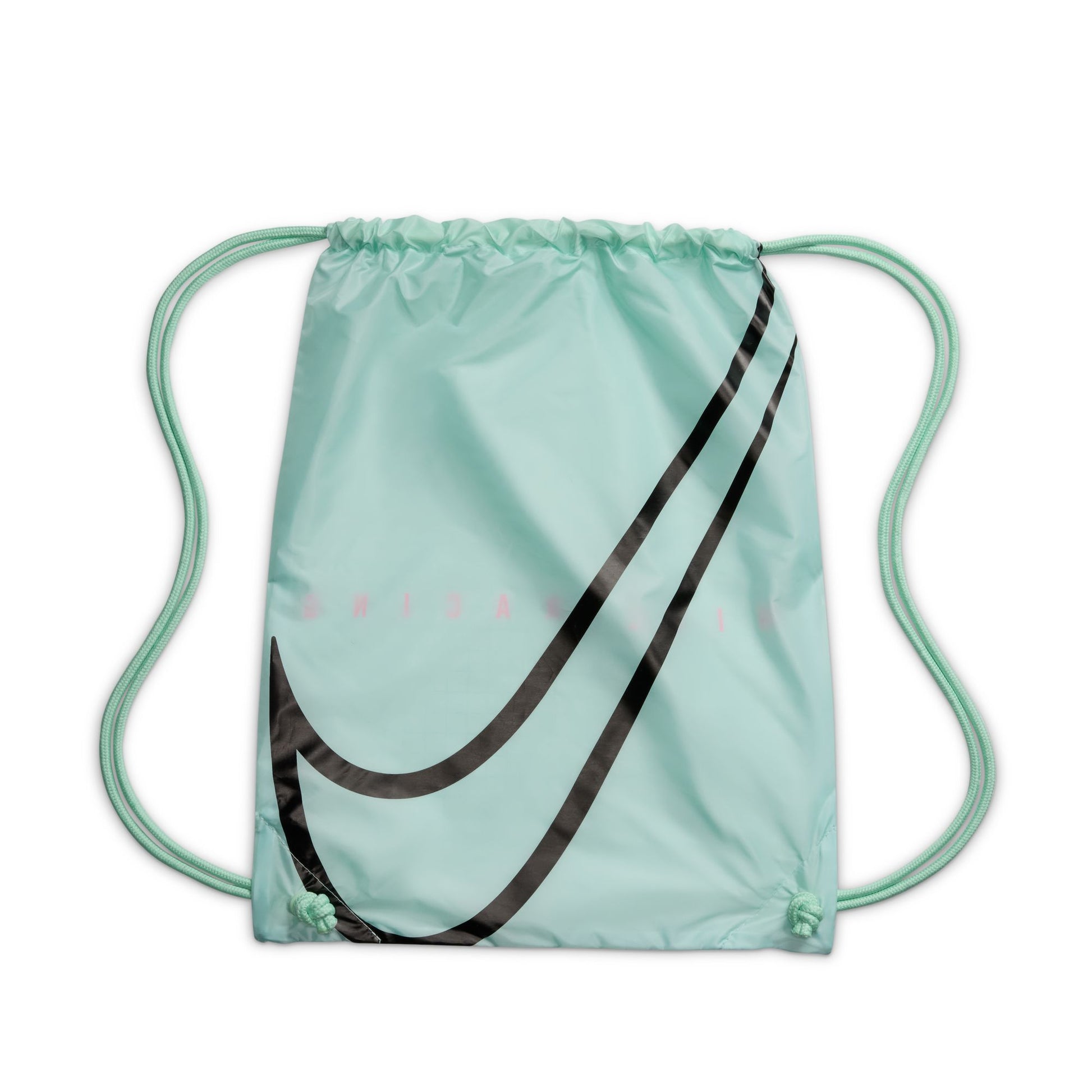 Light blue drawstring bag with black swoosh logo on a white background