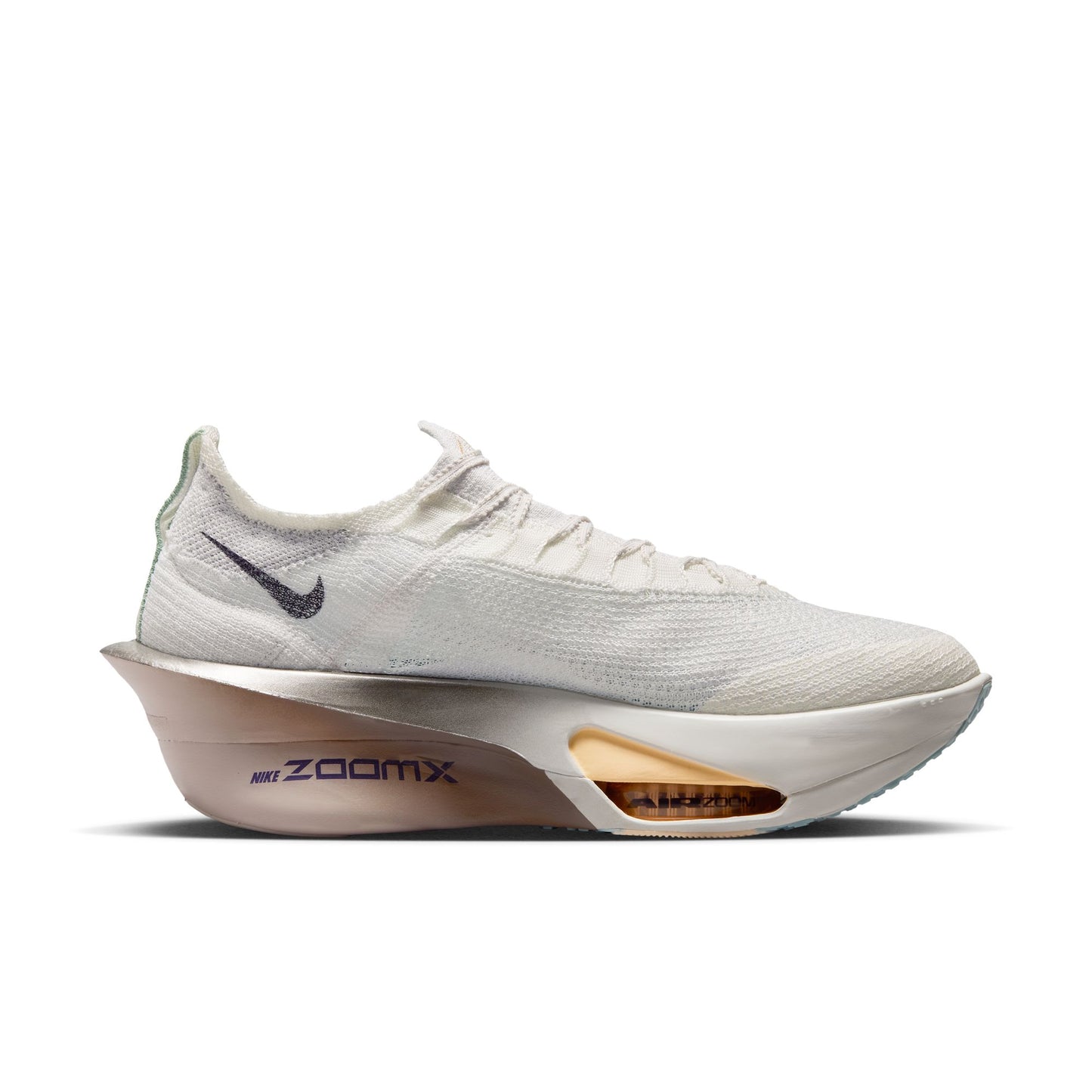 White running shoe with 'ZoomX' sole on a white background inside left shoe