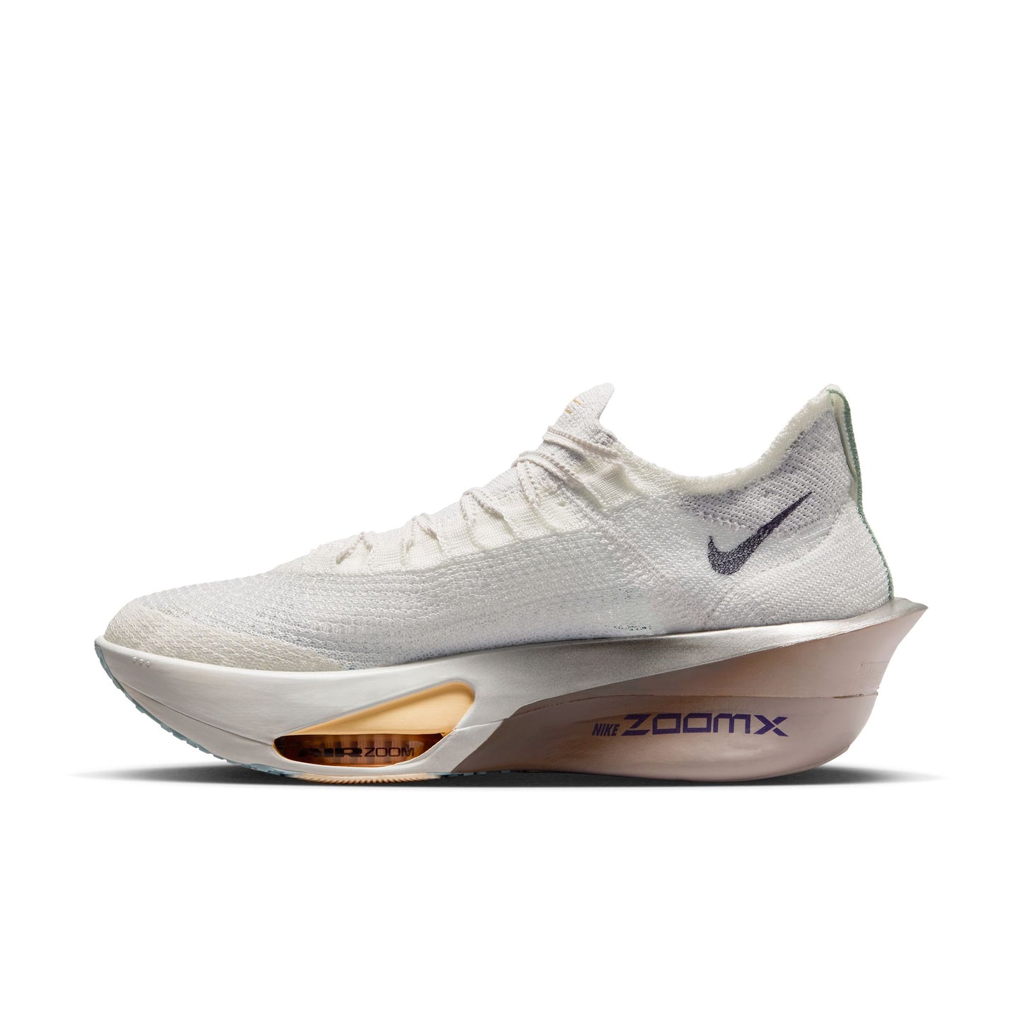 White running shoe with 'ZoomX' technology on a white background inside right shoe