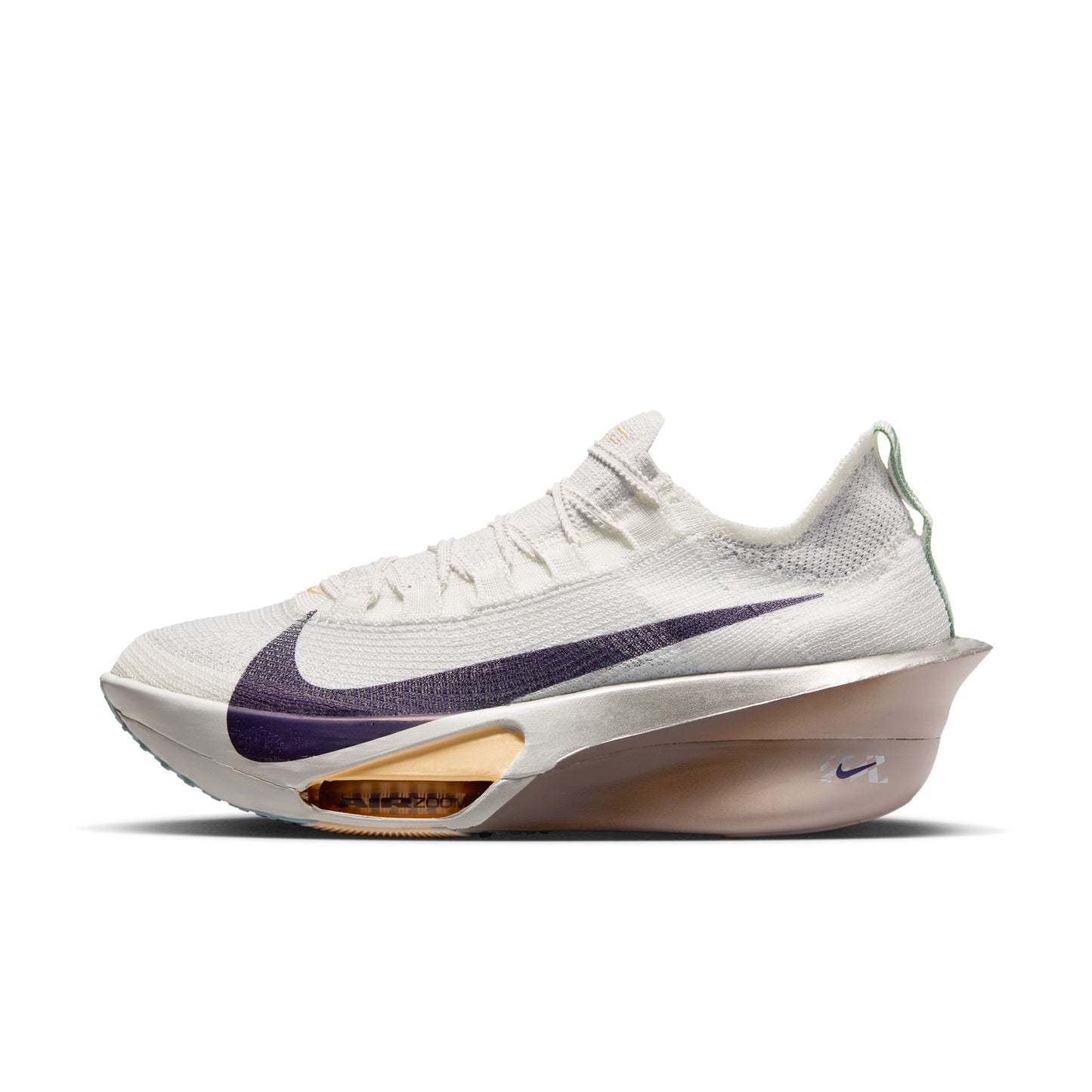 White running shoe with purple swoosh logo on a white background outside view