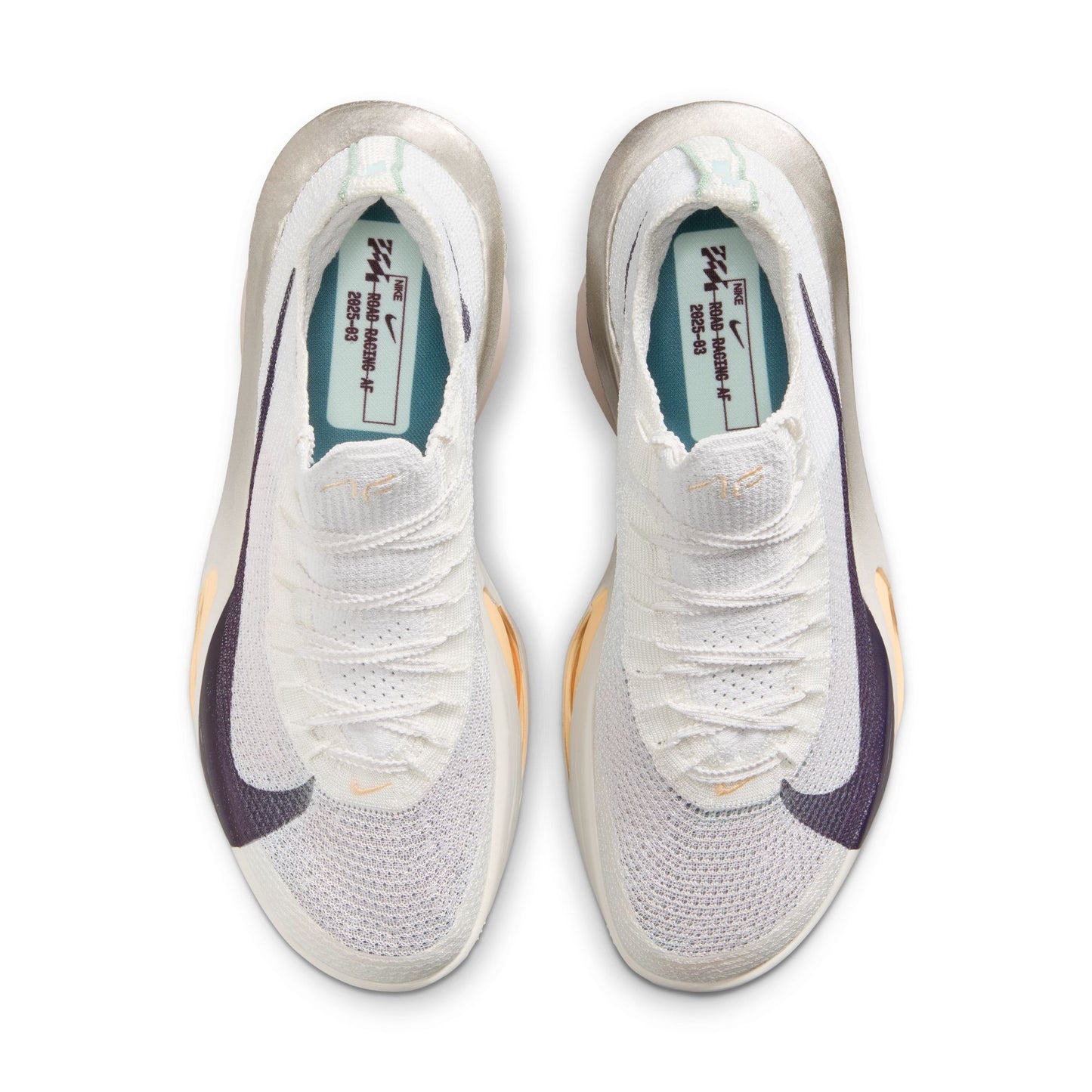 White sneakers with purple swoosh logo on a white background top view