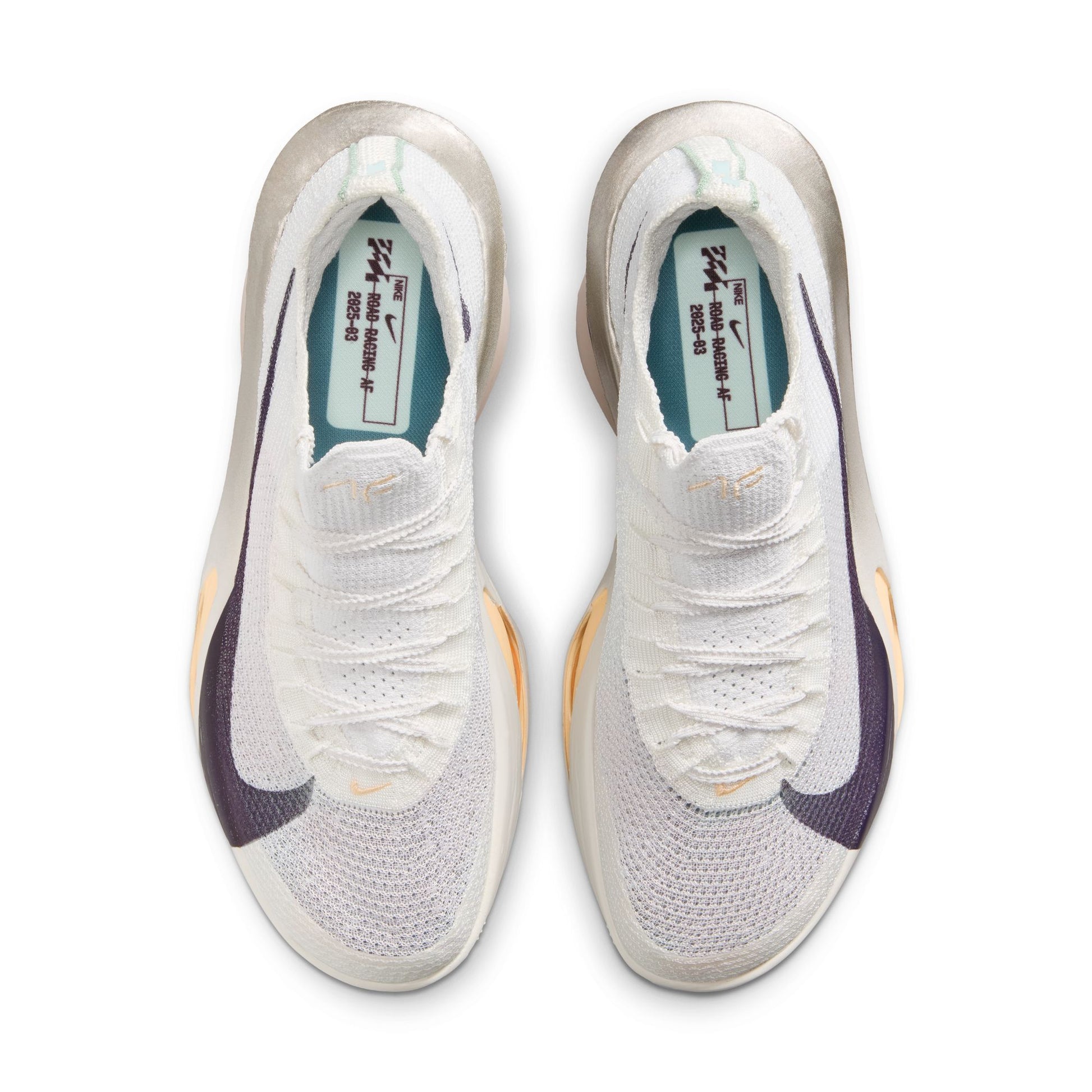 White sneakers with purple swoosh logo on a white background top view