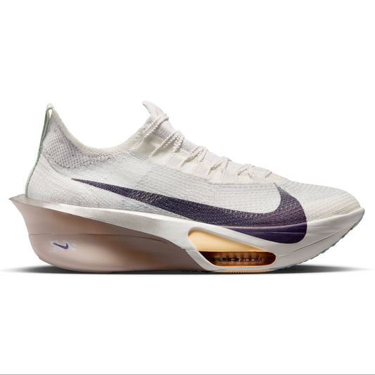 White running shoe with purple accents on a white background