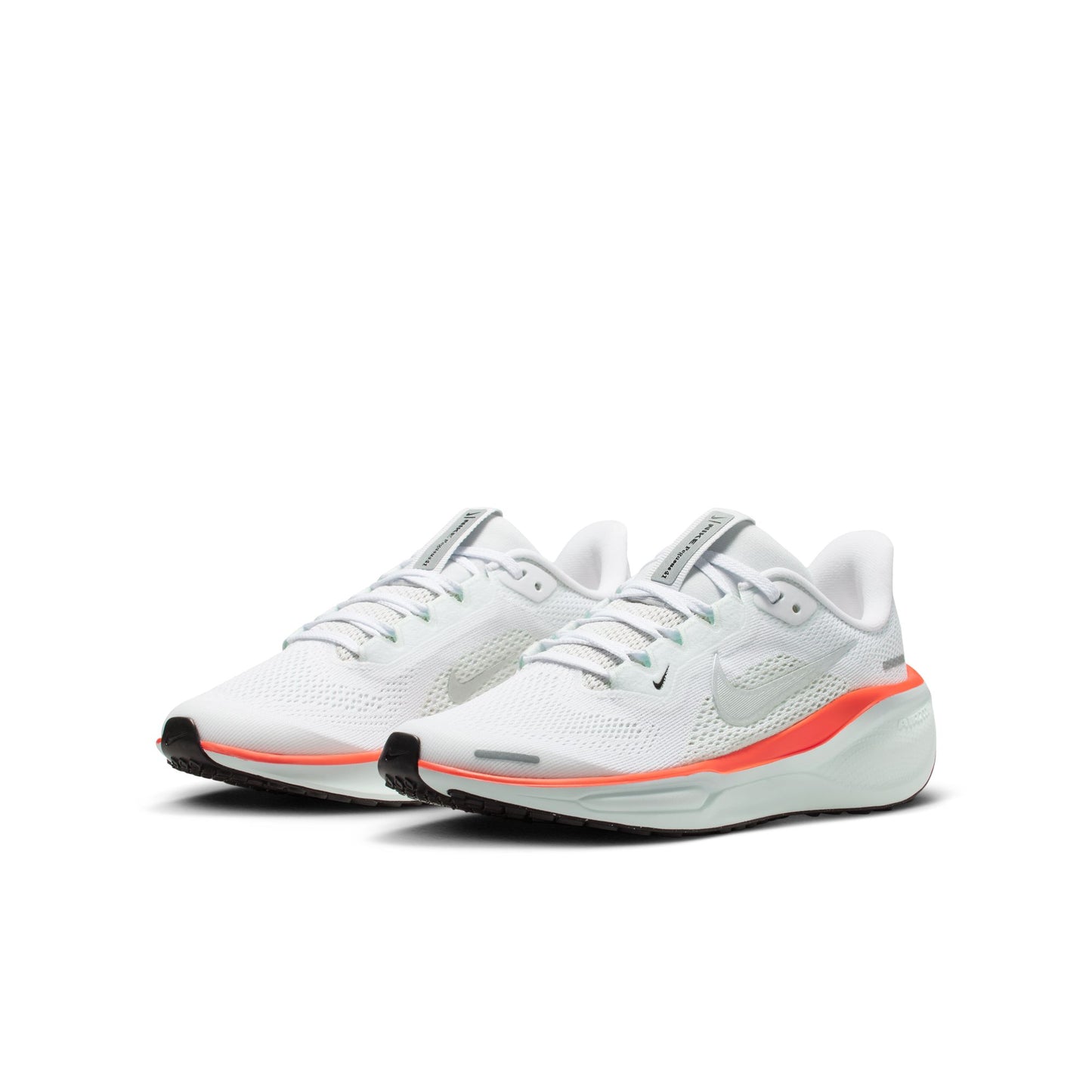 White running shoes with orange accents on a white background