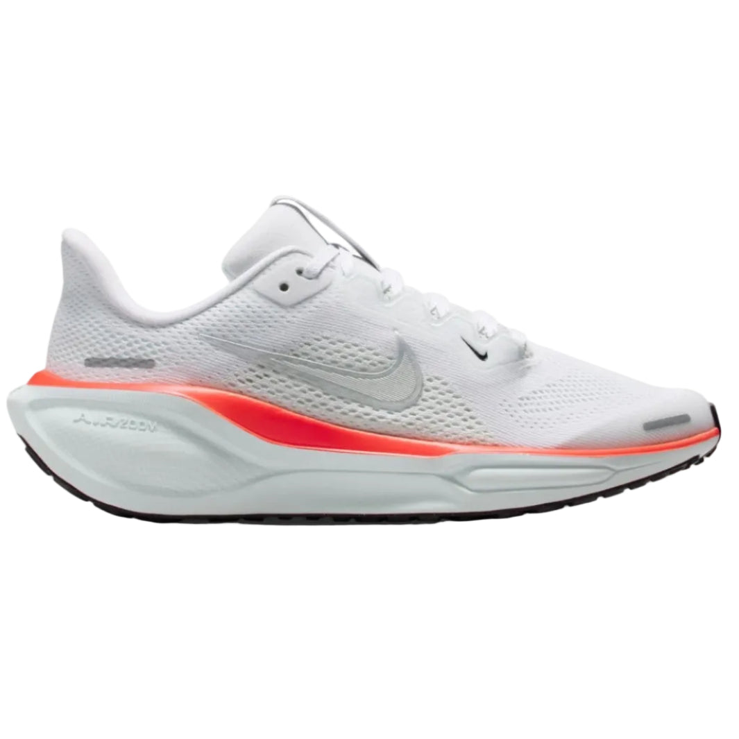 White running shoe with red sole on a white background