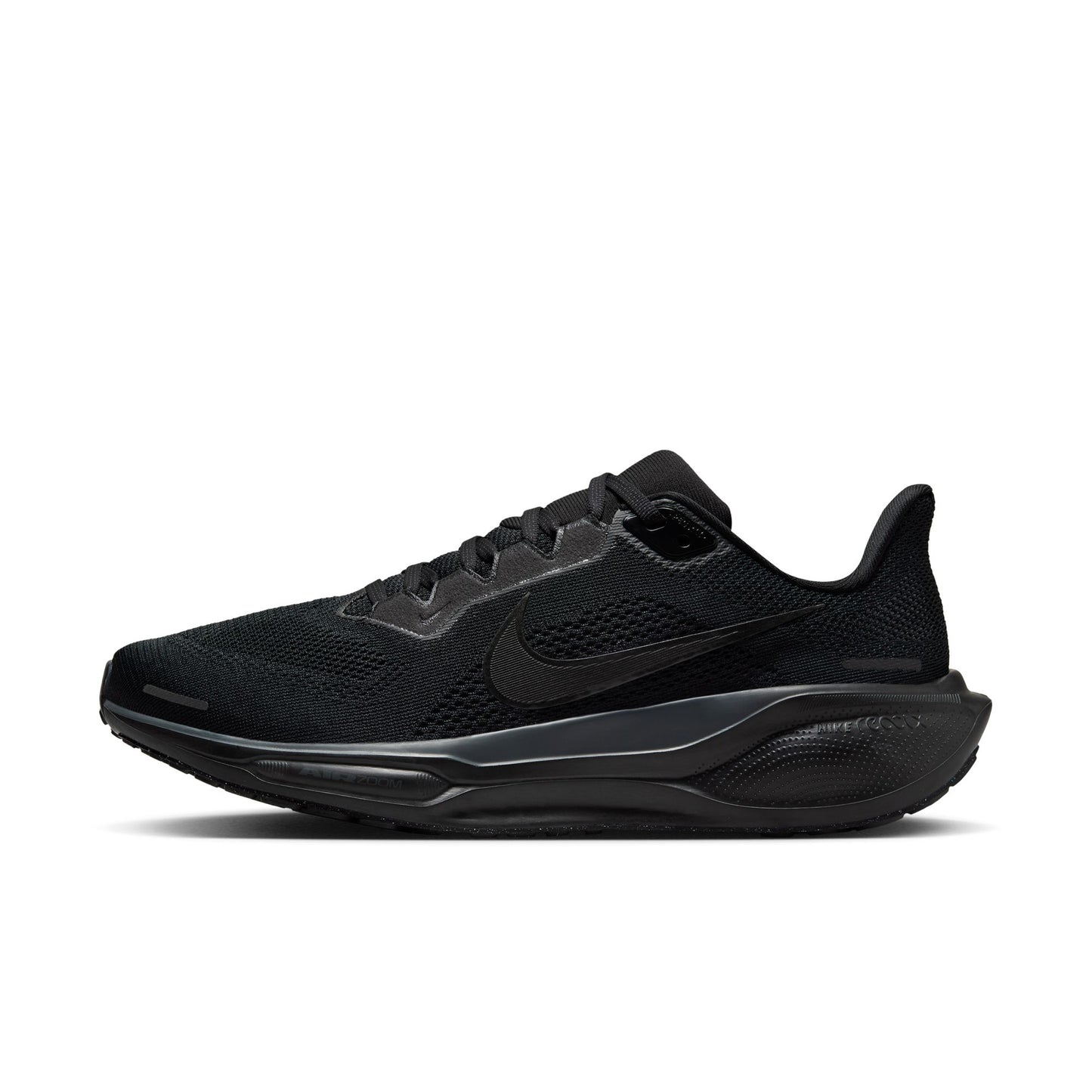 Black running shoe with Nike logo on a white background