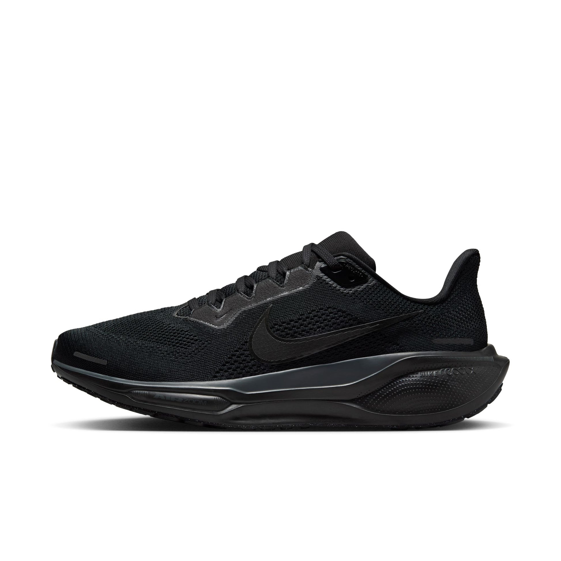 Black running shoe with Nike logo on a white background