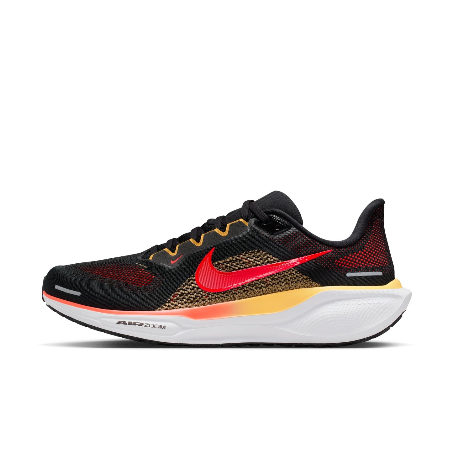 Black, red, and yellow running shoe with Nike logo on a white background