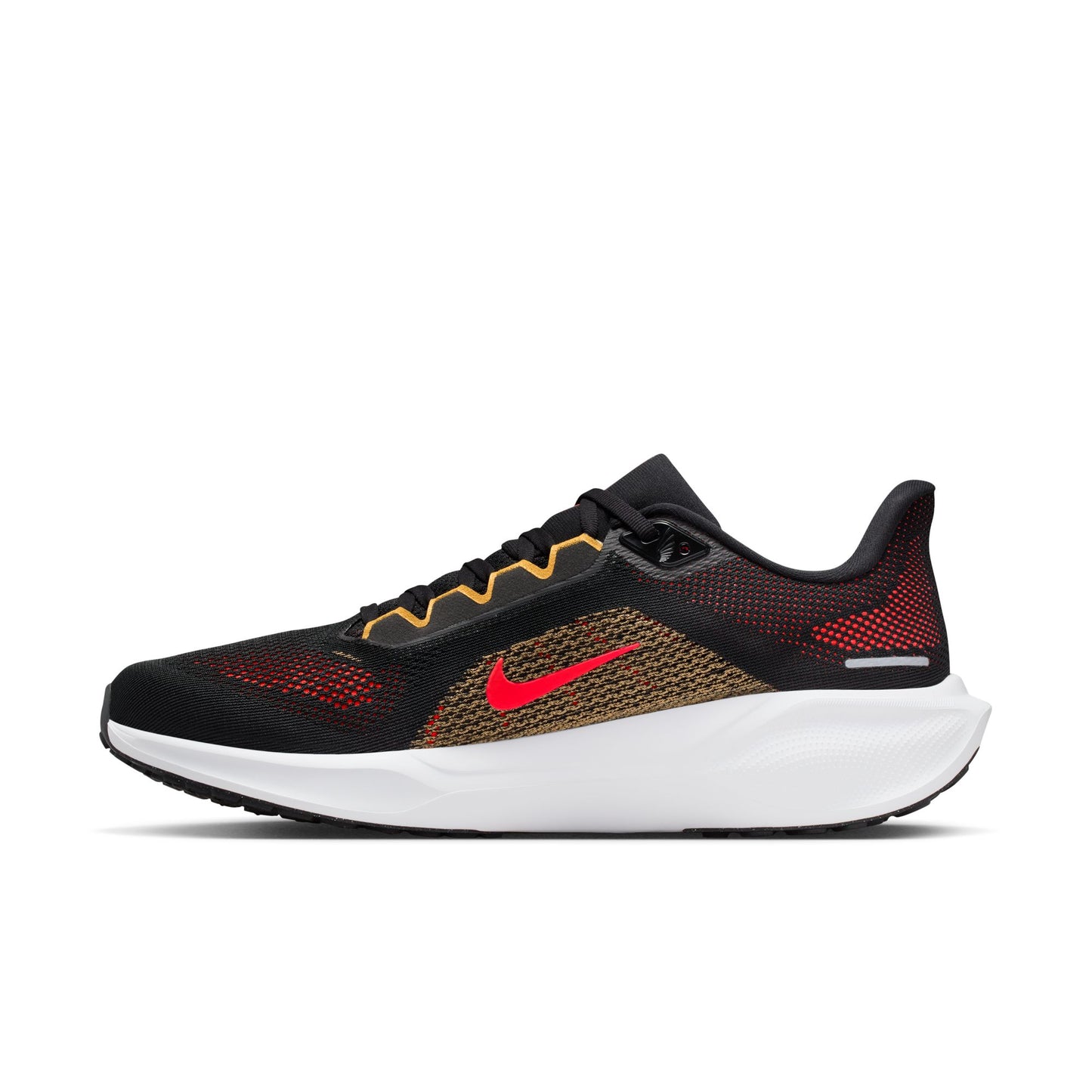 Black, red, and yellow running shoe with Nike logo on a white background