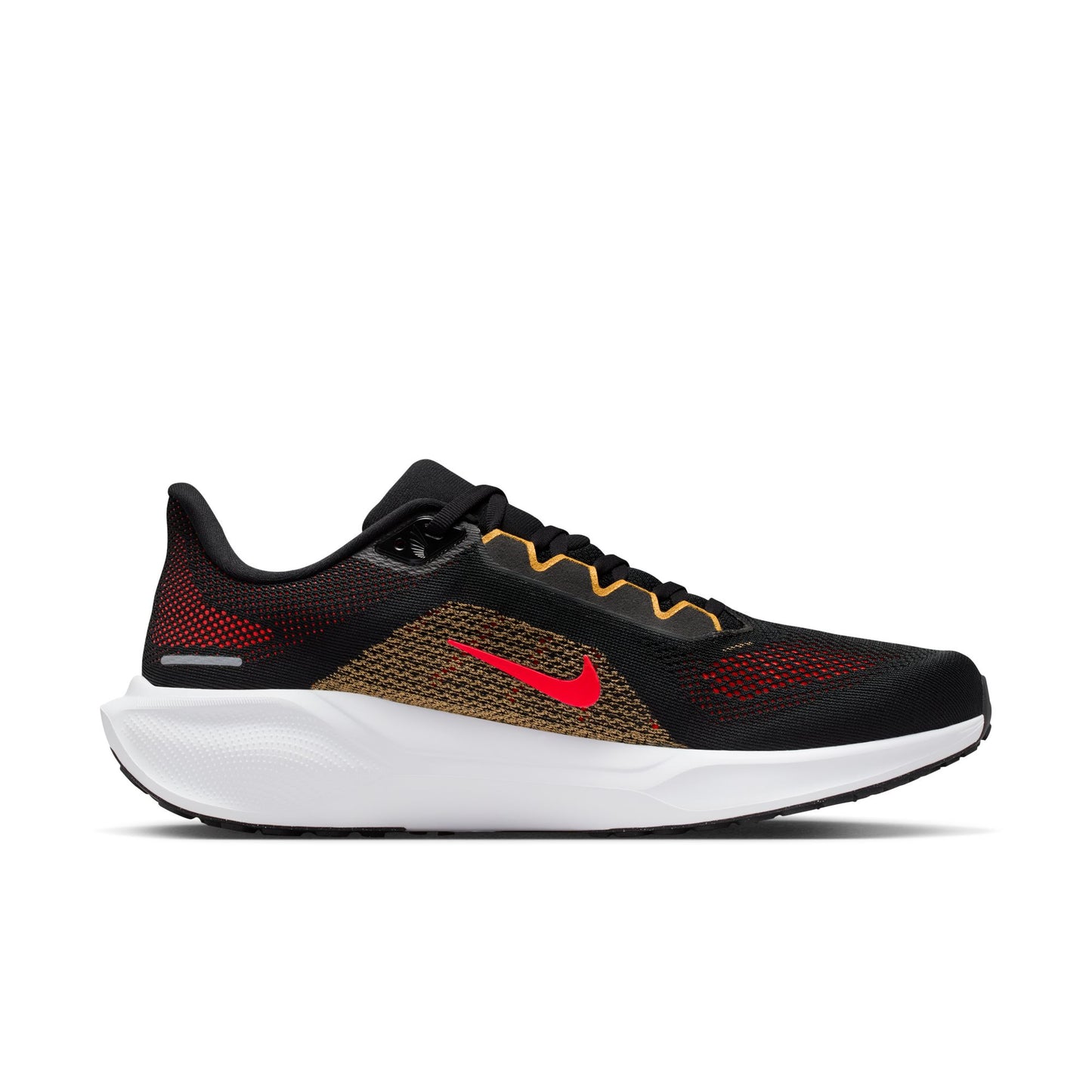 Black and red running shoe with Nike logo on a white background