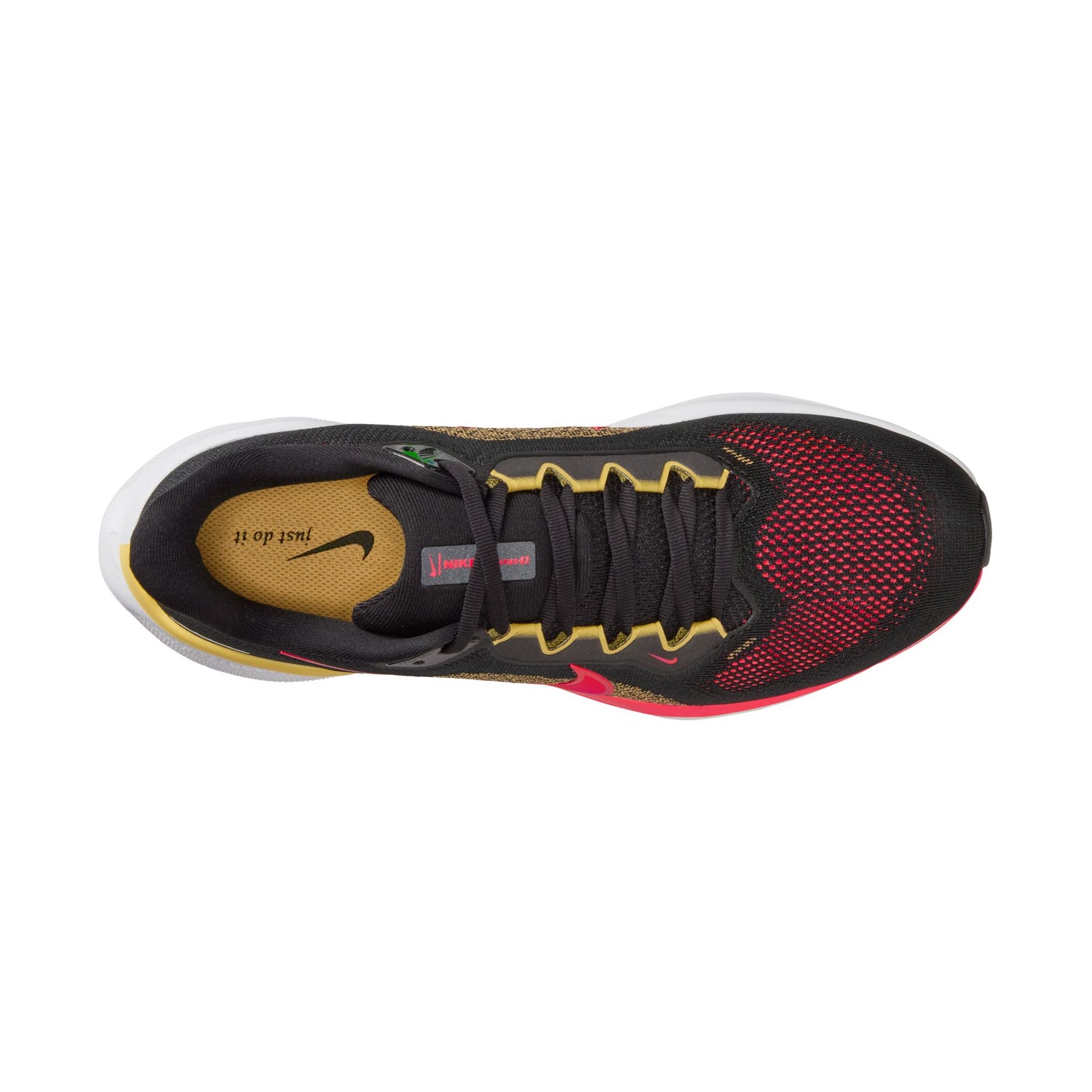 Black and red athletic shoe with yellow accents on a white background