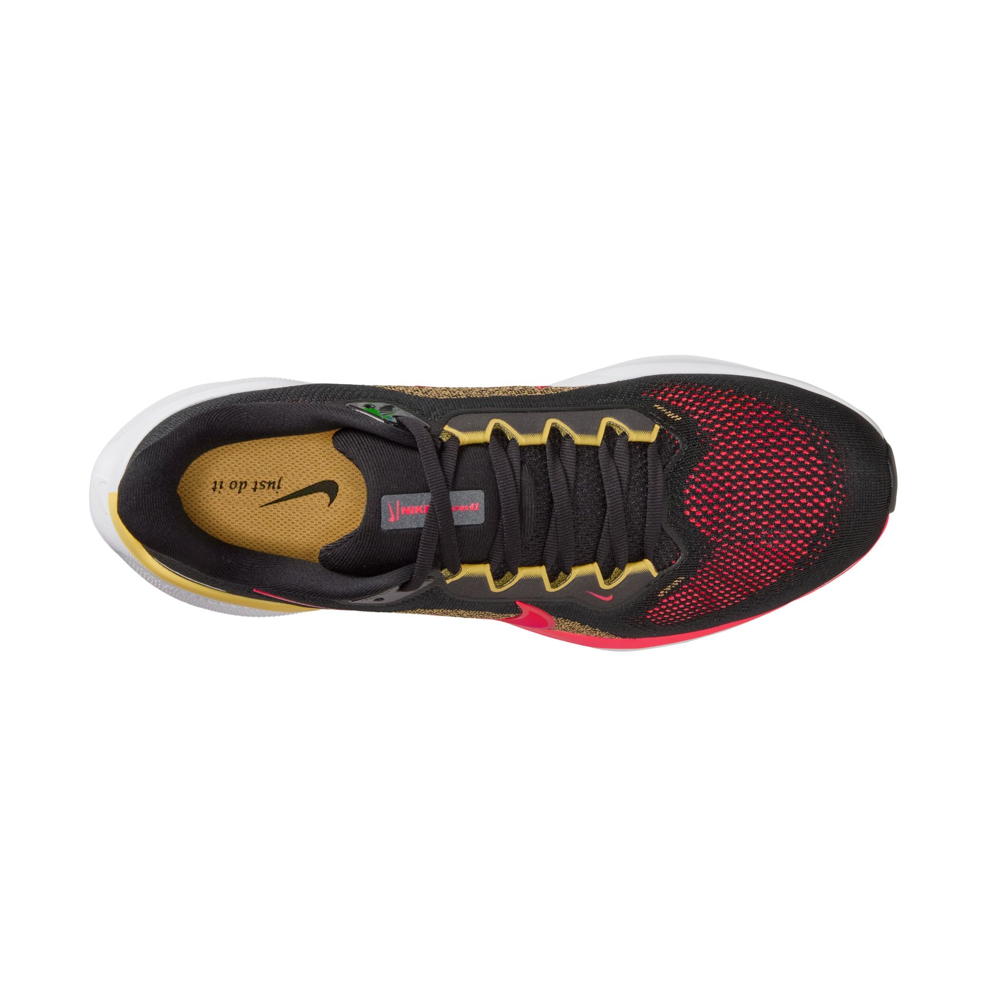 Black and red athletic shoe with yellow accents on a white background