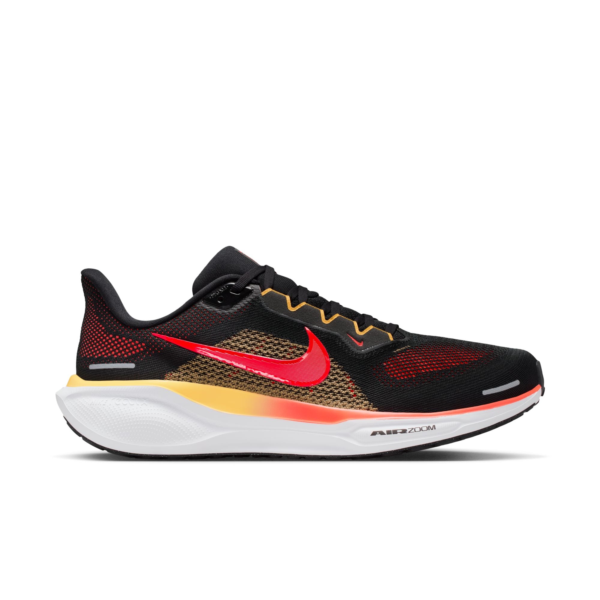 Black running shoe with red and orange accents on a white background