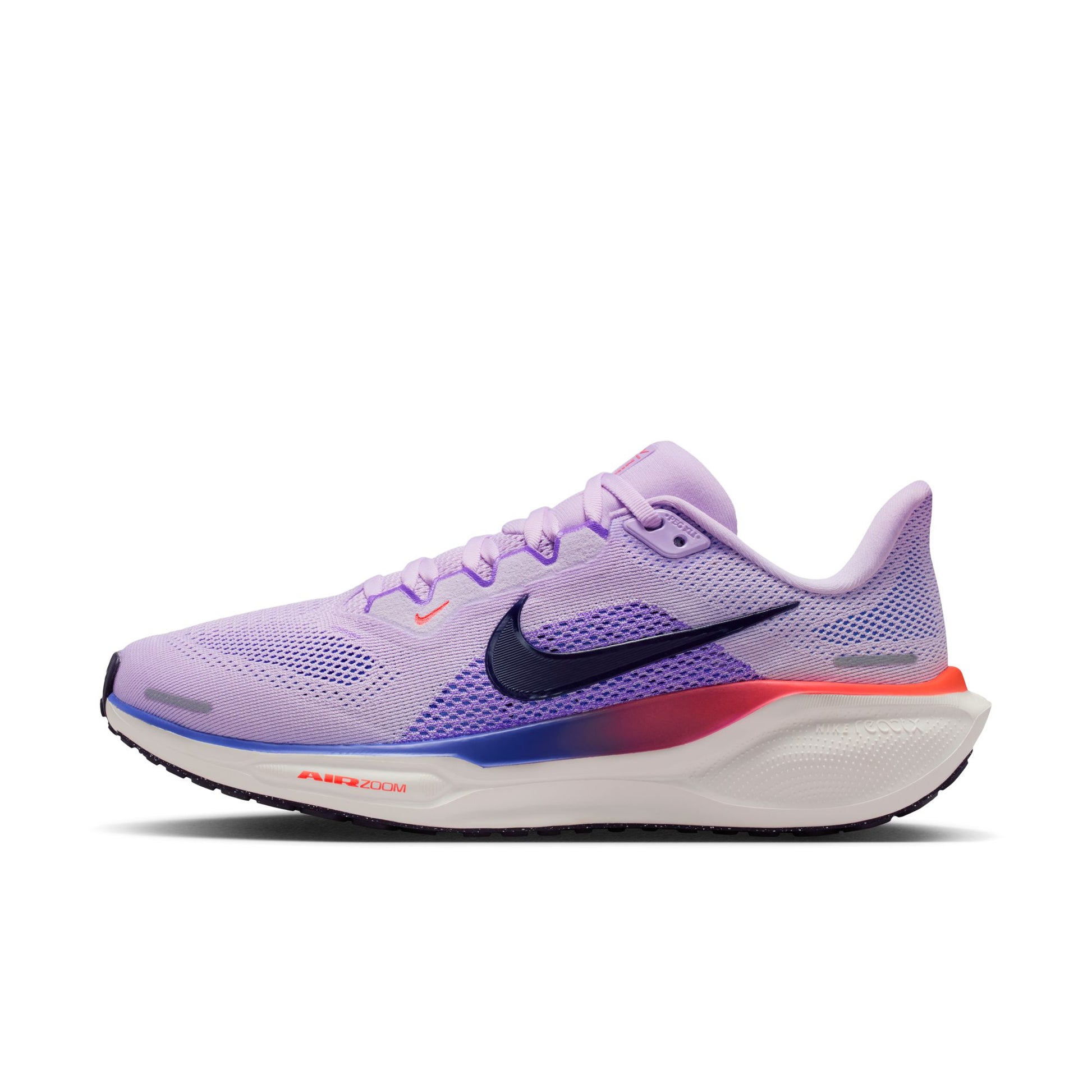 Purple running shoe with colorful sole on a white background