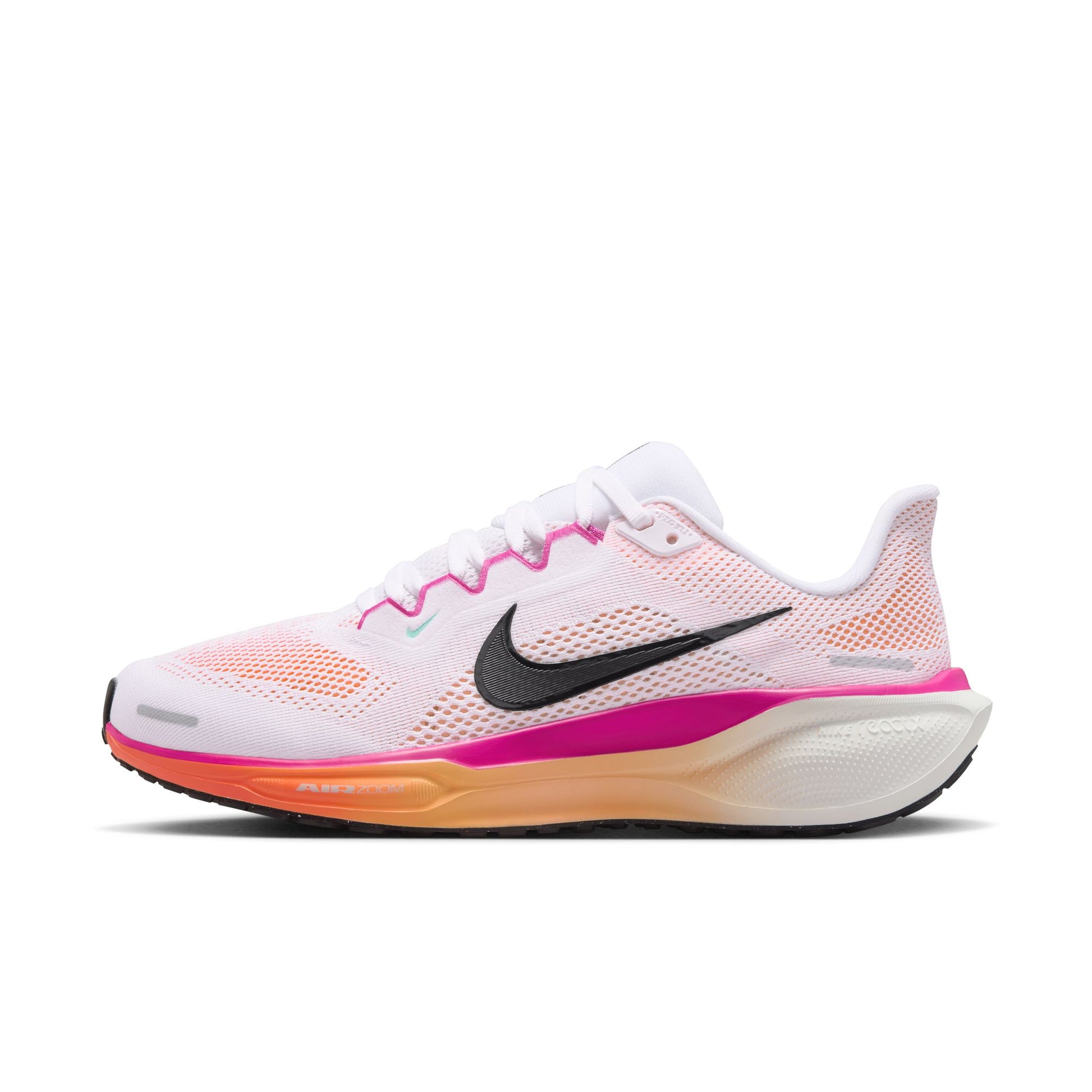 White running shoe with pink and orange accents on a white background