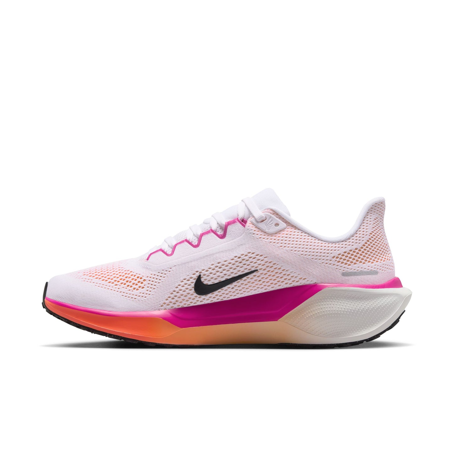 Pink and white running shoe with Nike logo on a white background