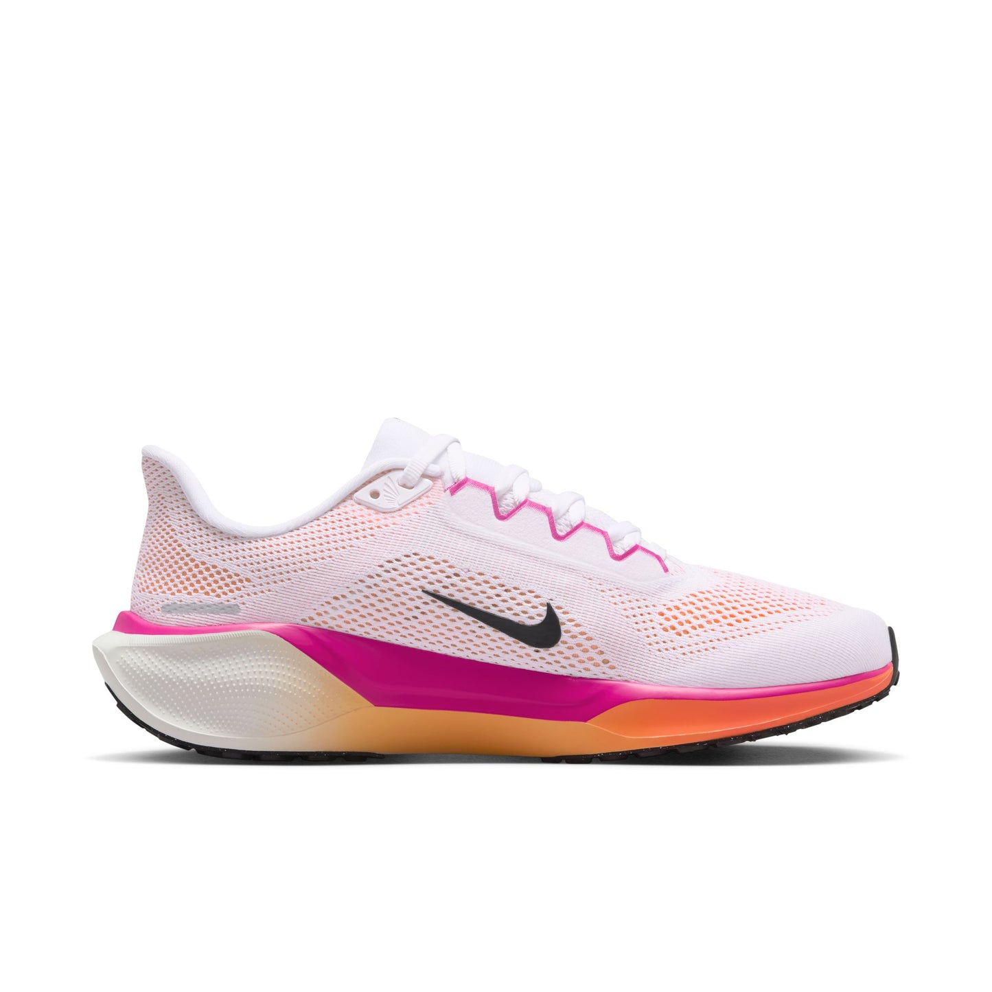 White running shoe with pink and orange accents on a white background