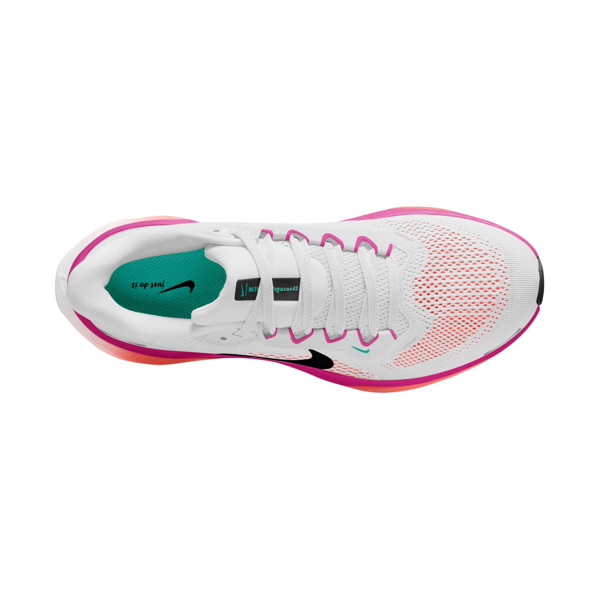 White running shoe with pink and teal accents on a white background