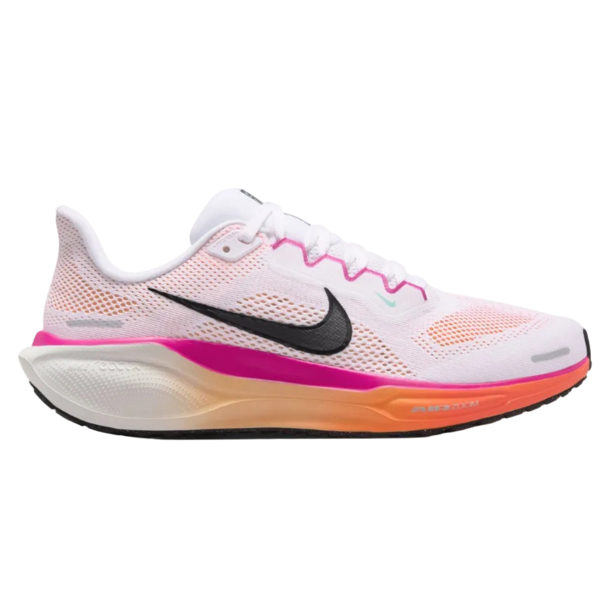 Pink and orange running shoe with Nike logo on a white background