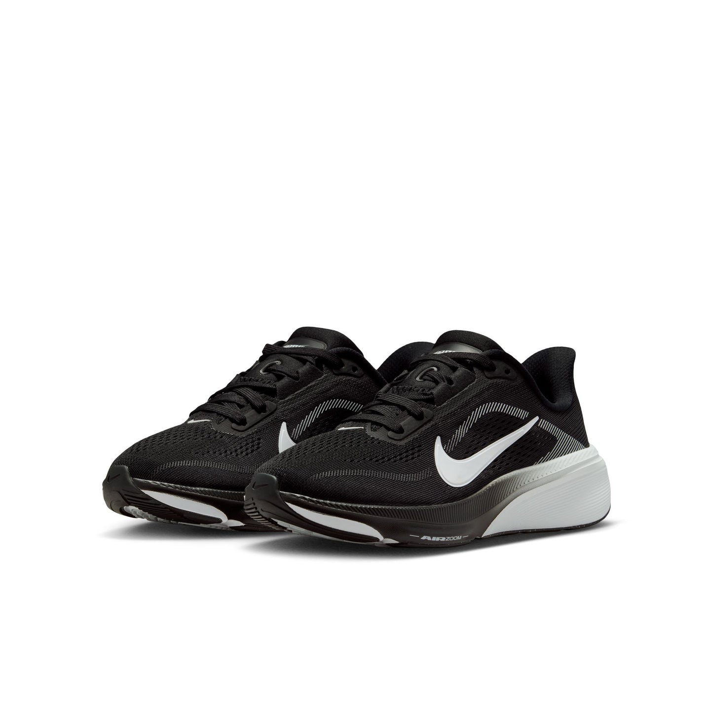 Black running shoes with a white logo on a white background