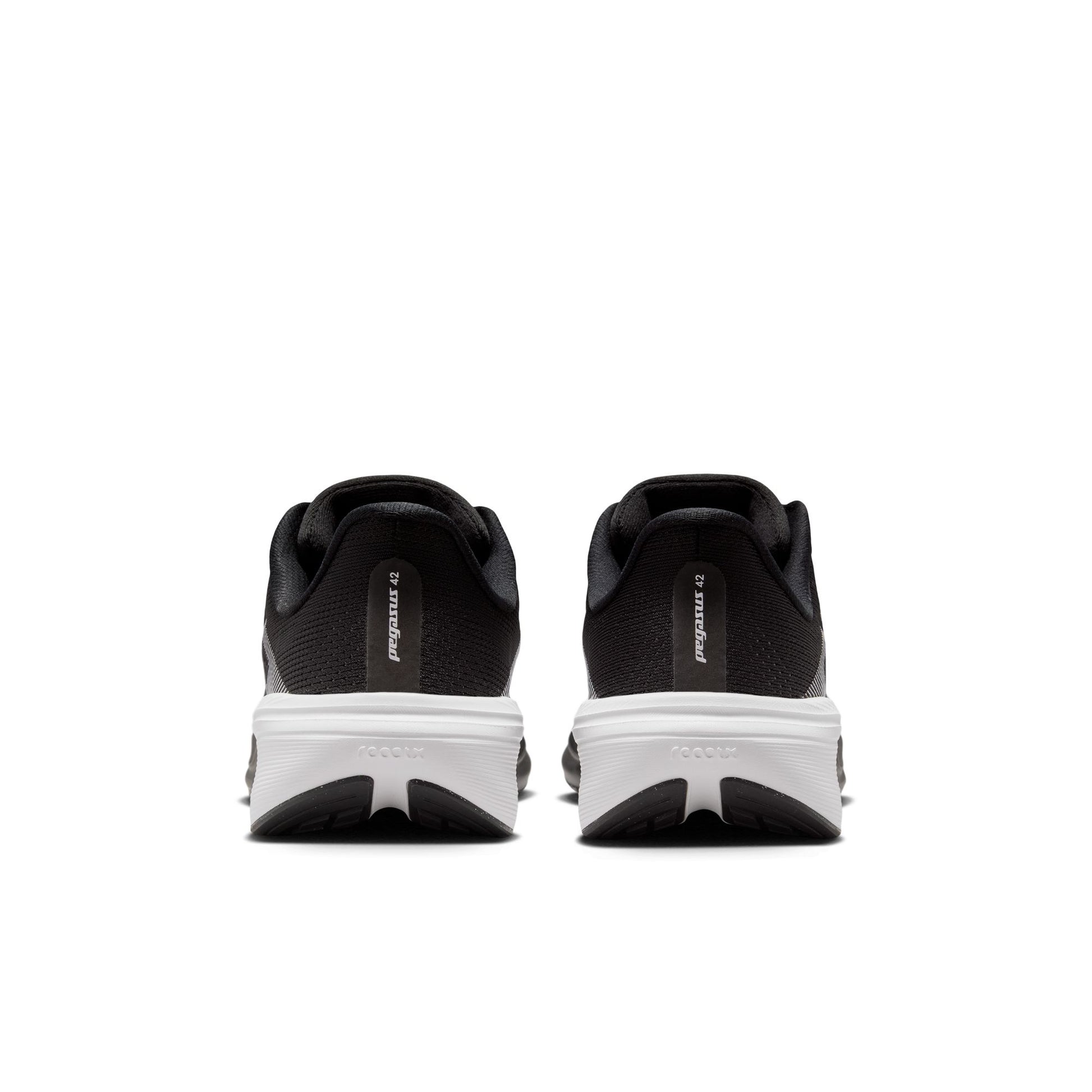 Black running shoes with white soles on a white background
