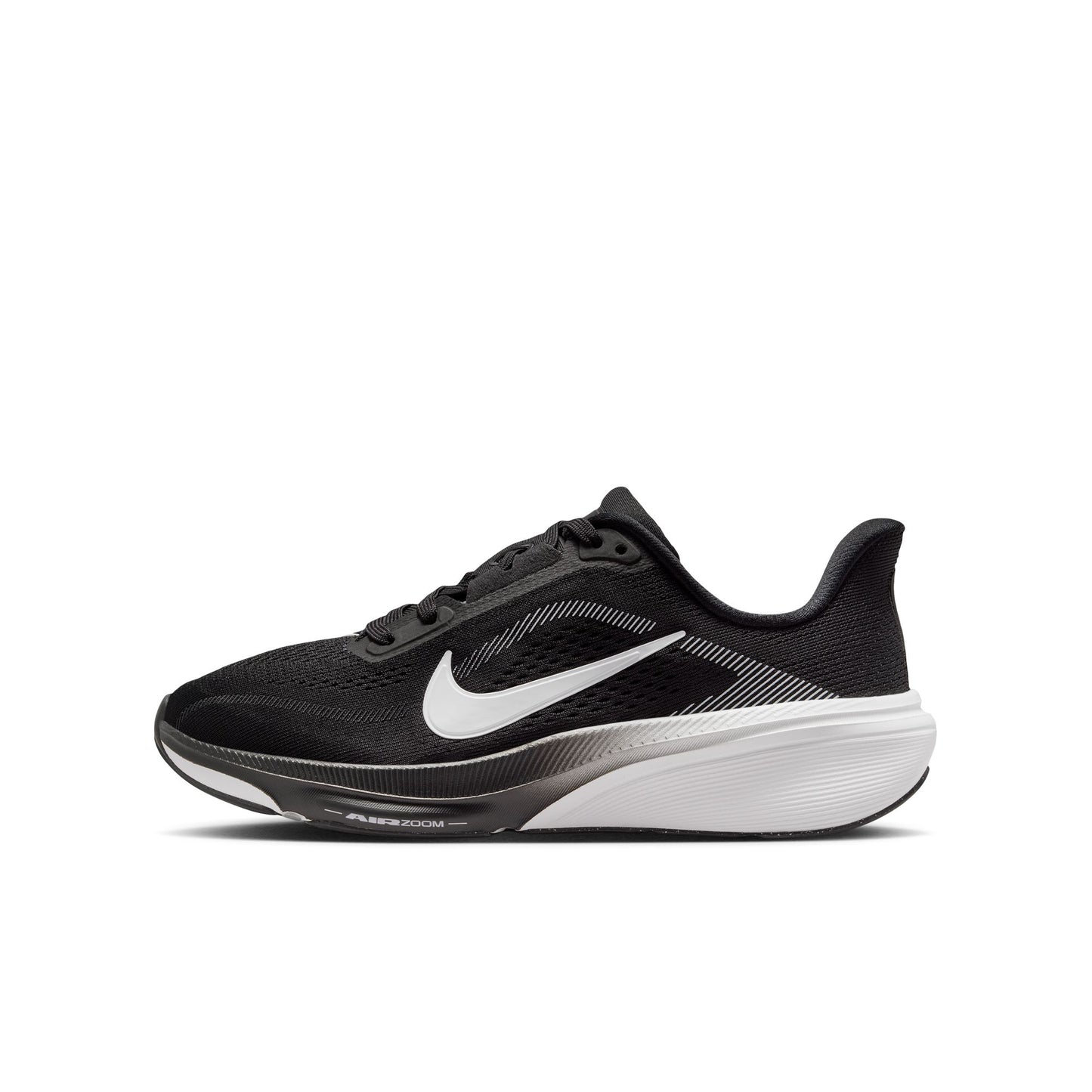 Black running shoe with white Nike logo on a white background