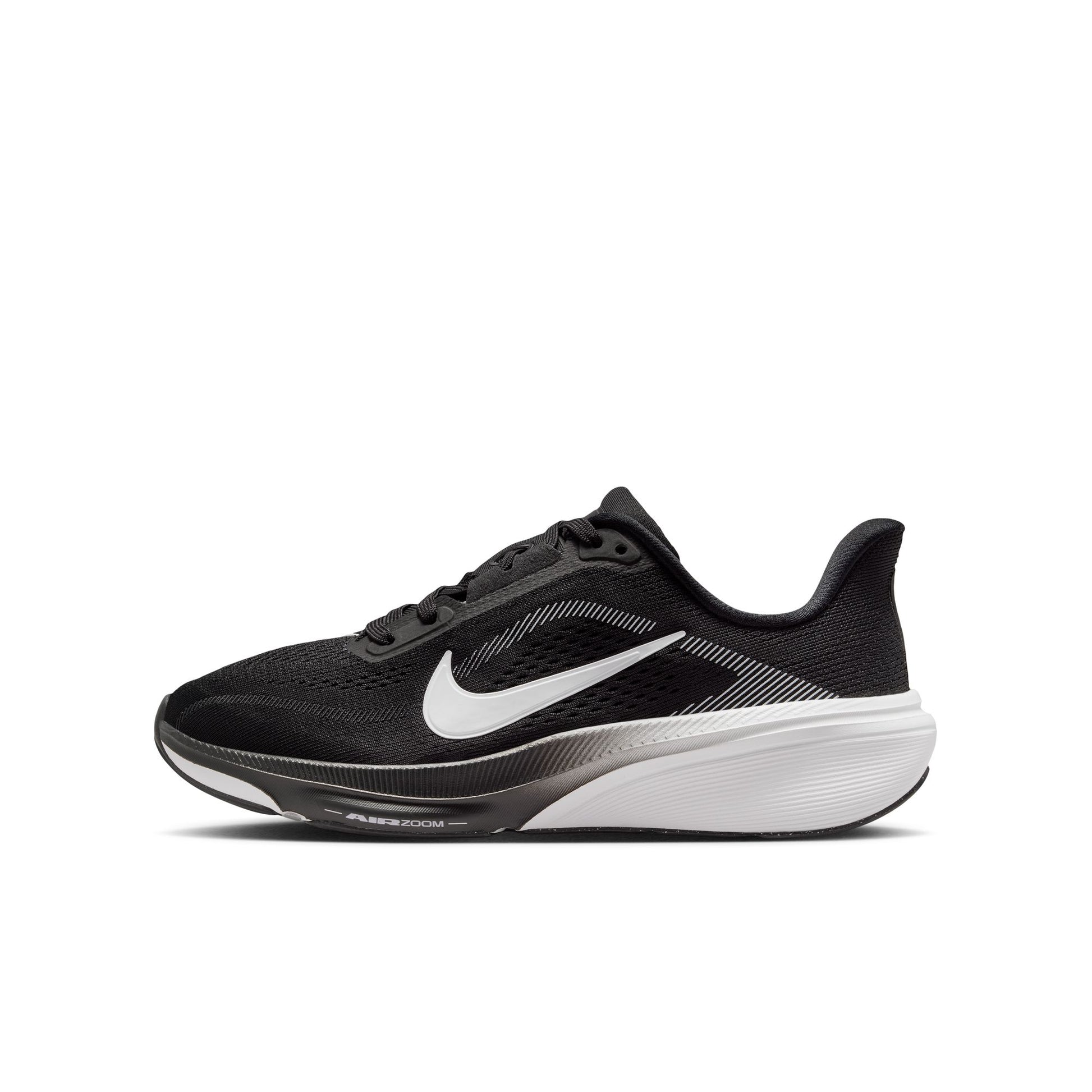 Black running shoe with white Nike logo on a white background