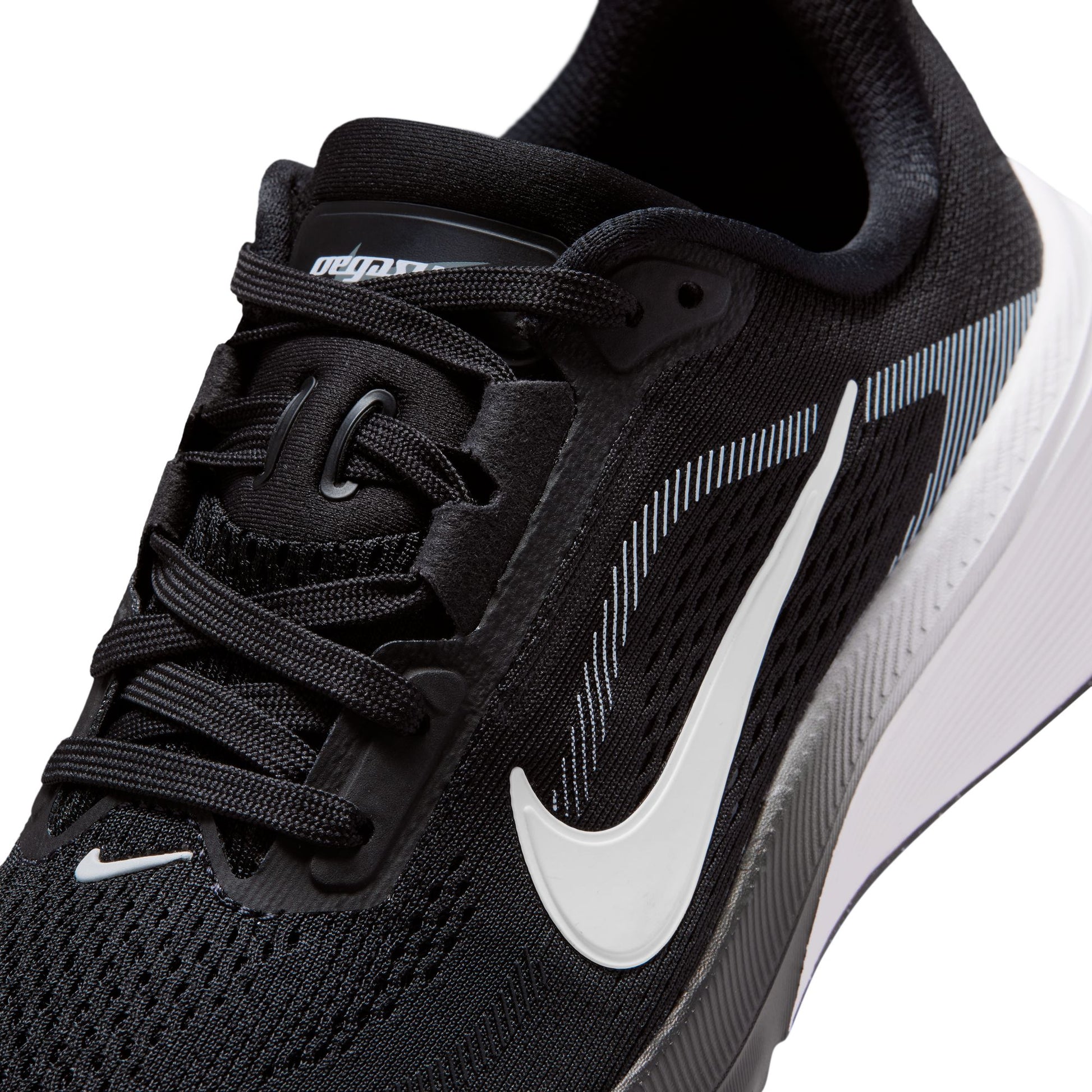 Black running shoe with white Nike logo on a white background