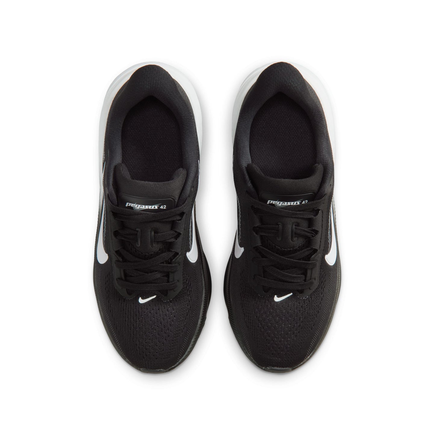 Black running shoes with white accents on a white background