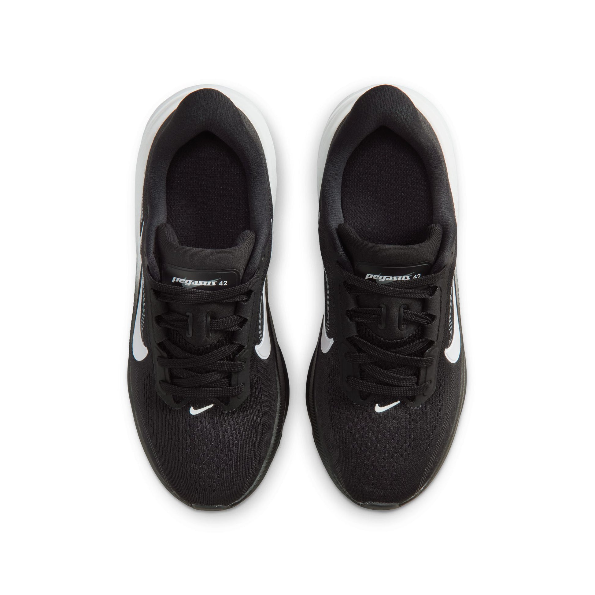 Black running shoes with white accents on a white background