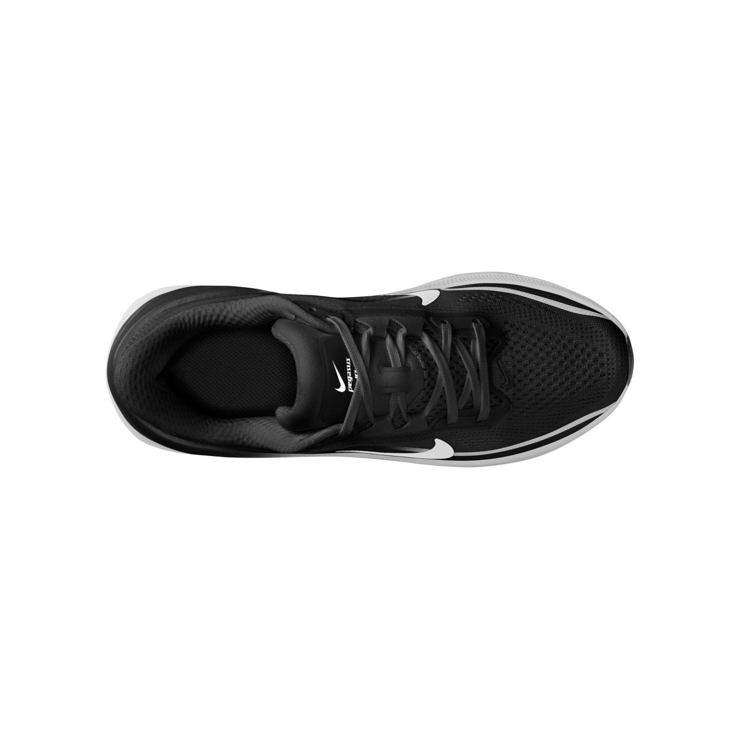 Black running shoe with white sole on a white background