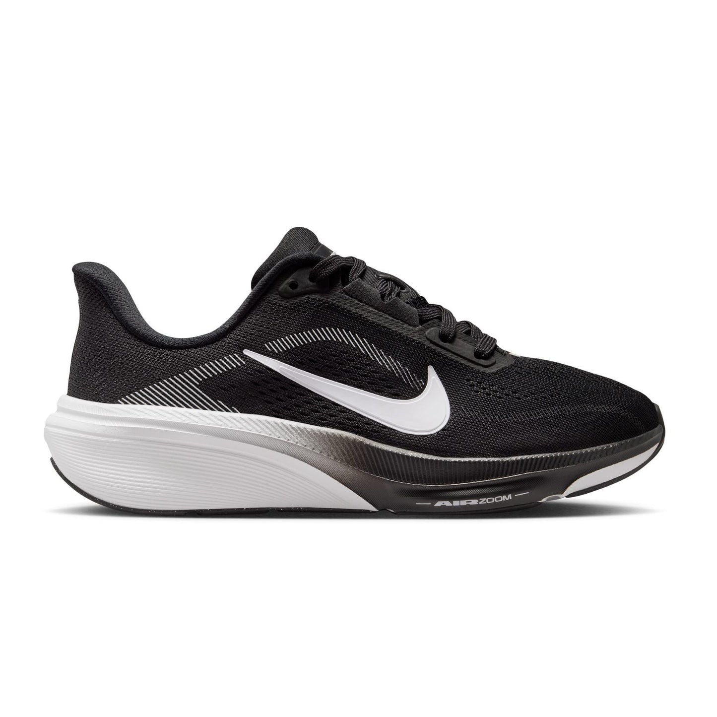 Black running shoe with white sole on a white background