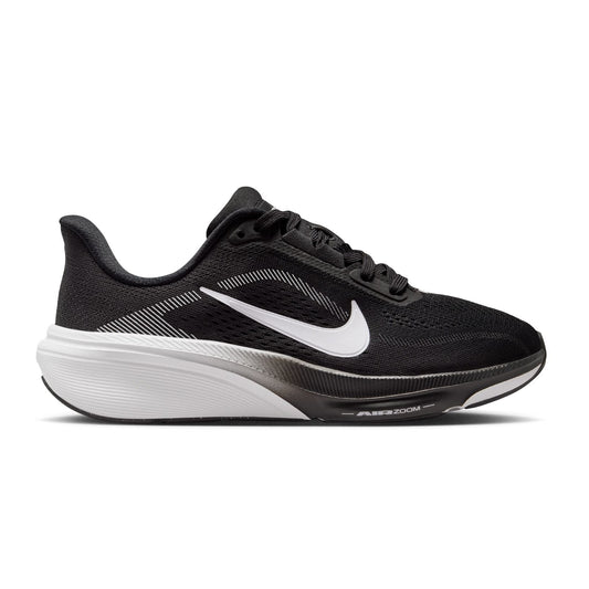 Black running shoe with white sole on a white background